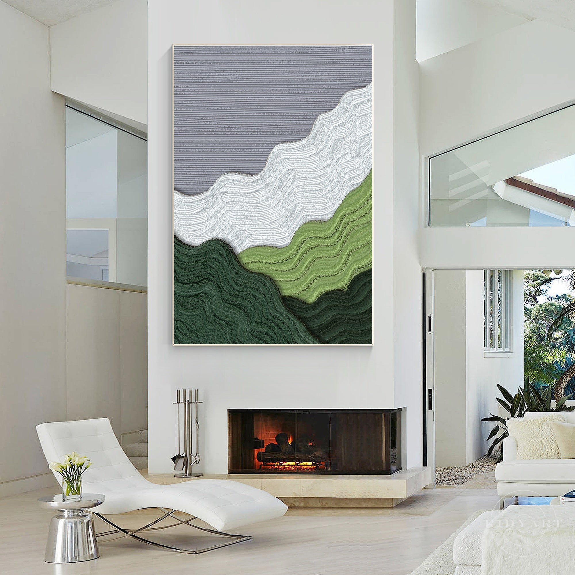 Textured mountain wall art, abstract green and gray painting.