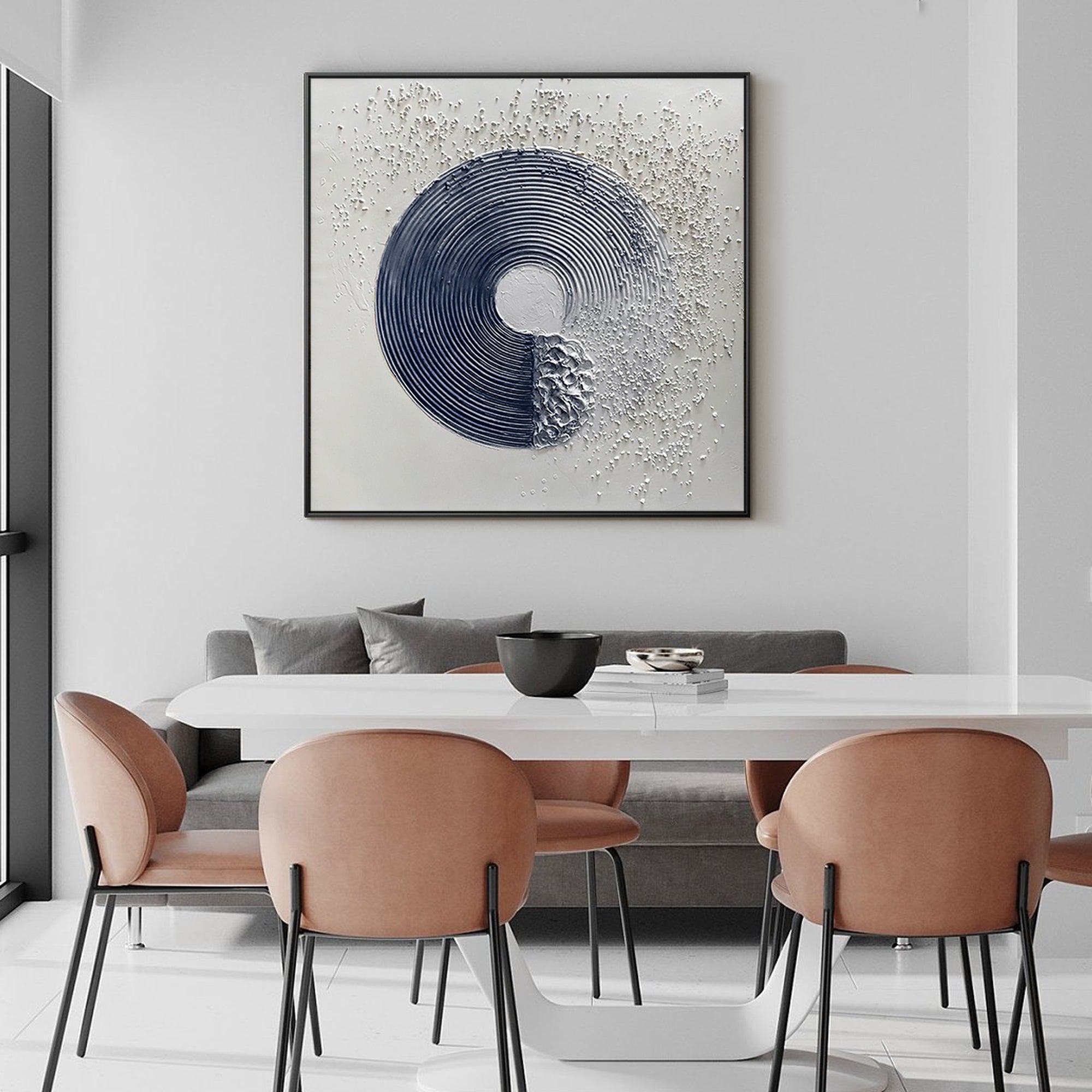 Navy blue textured abstract canvas painting featuring a minimalist Enso circle design. Large framed wall art ideal for living room or modern decor.