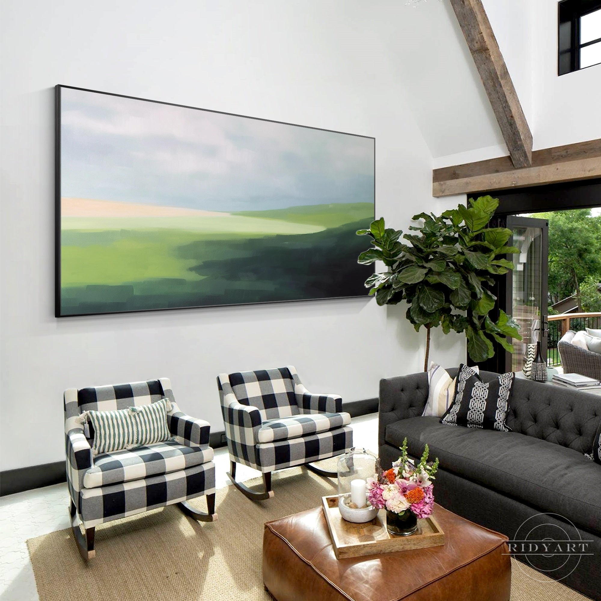 Green mountain hills landscape painting on canvas.