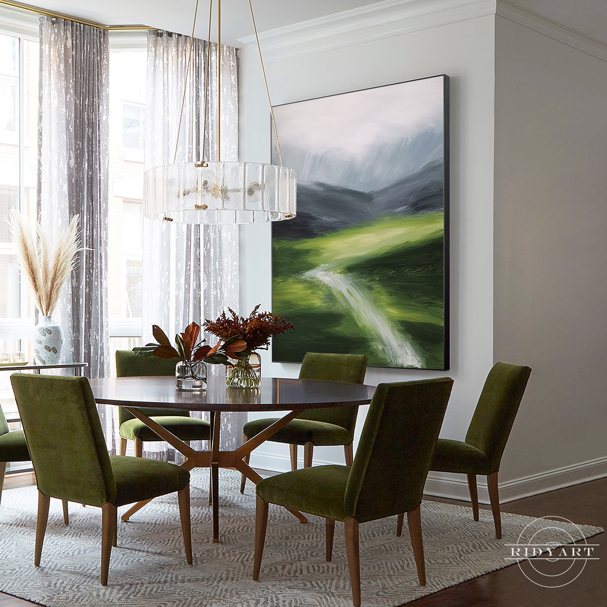 Green textured mountain river wall art on canvas.