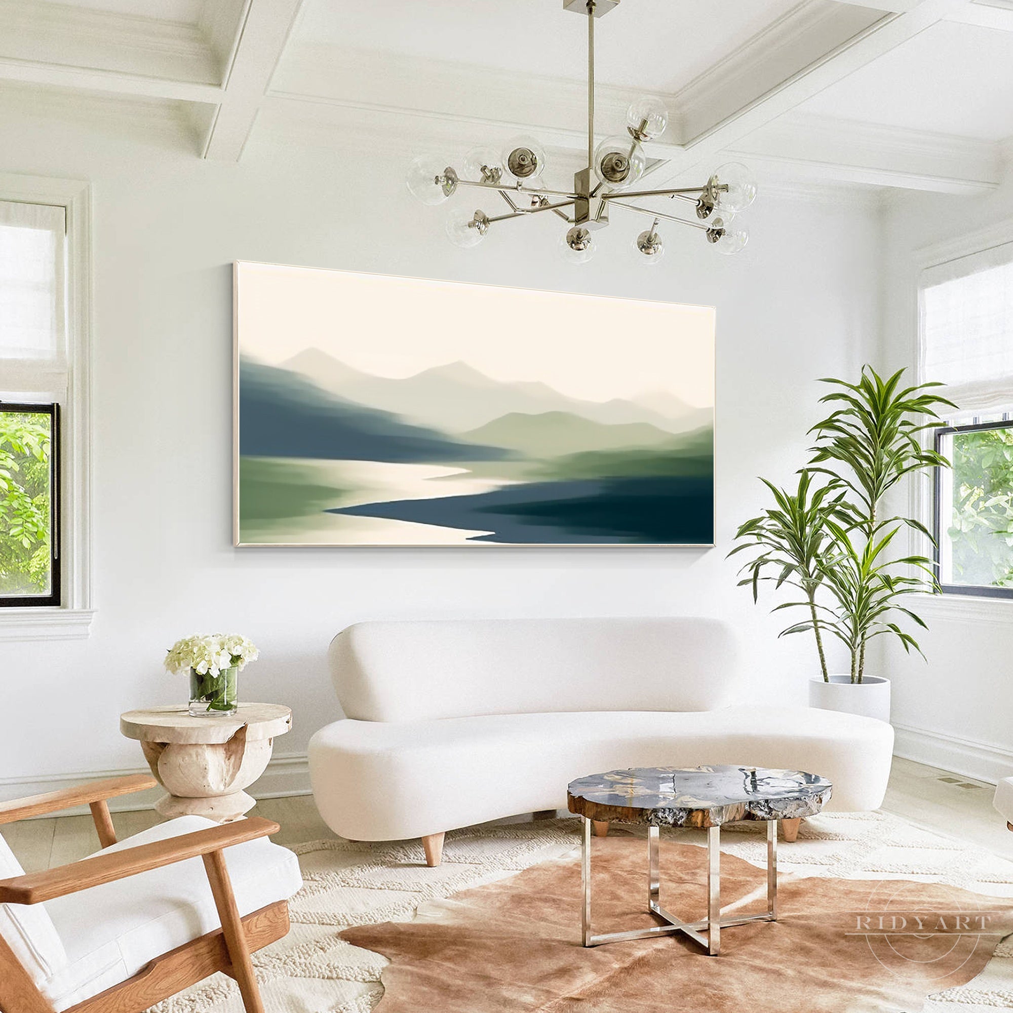 Gray green mountains abstract painting on canvas.