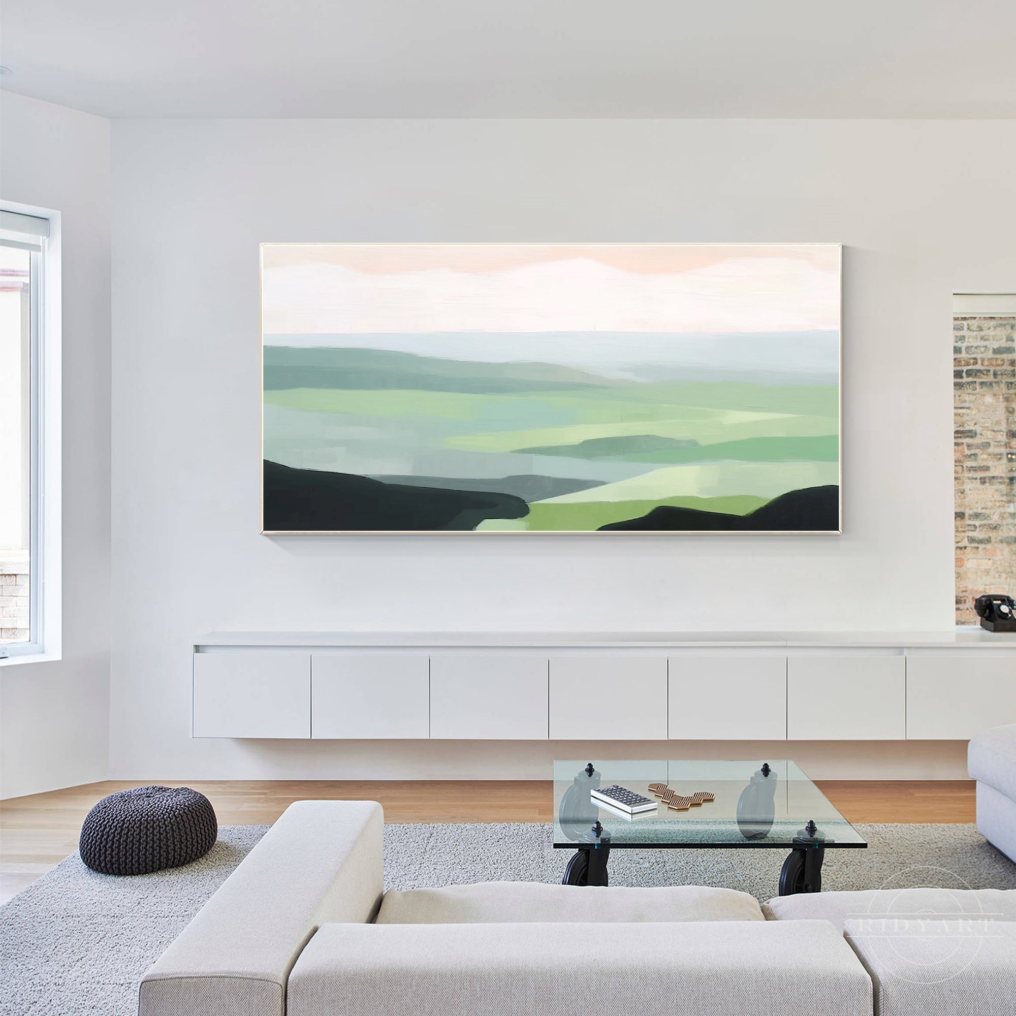 Light green mountain abstract painting on canvas.