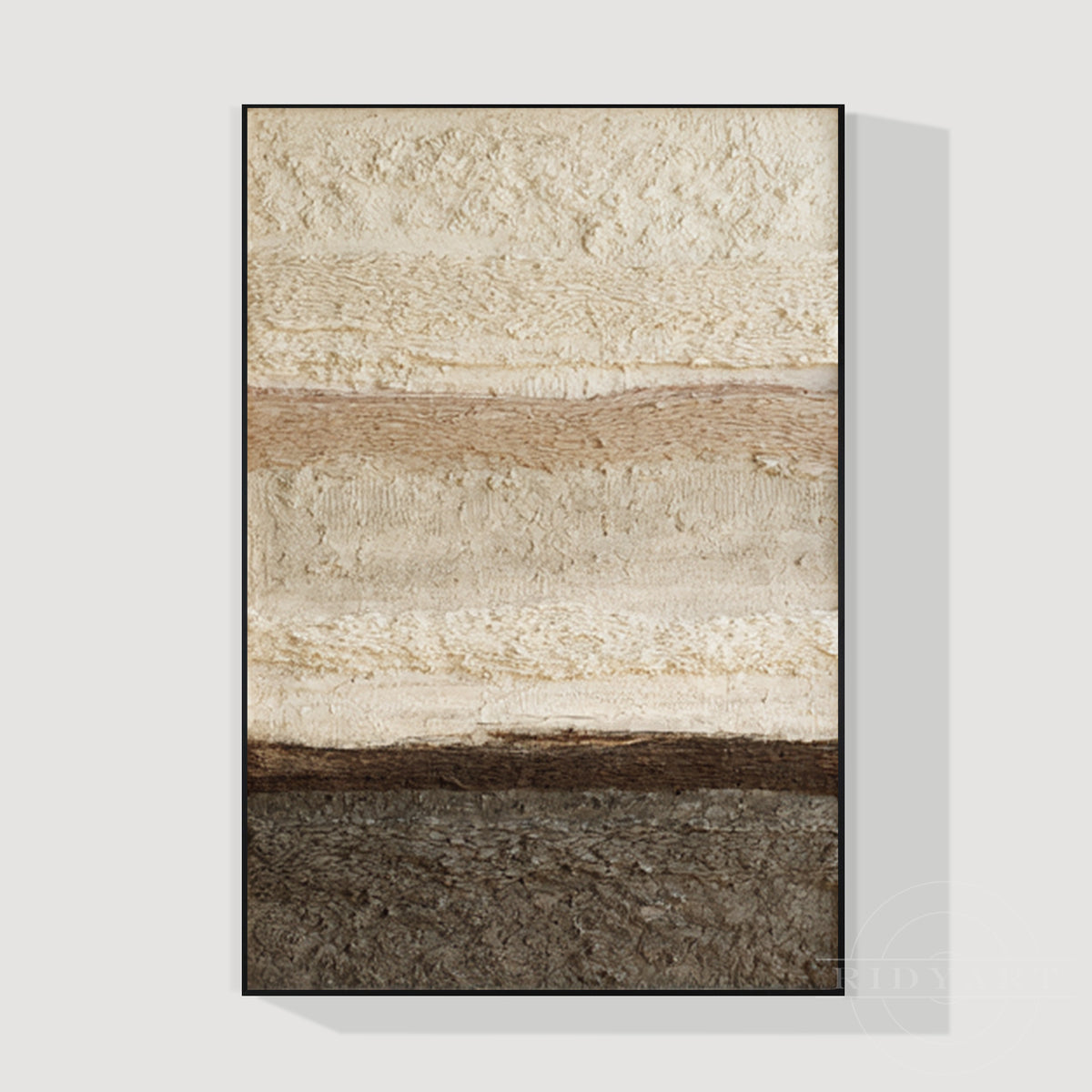Minimalist 3D textured canvas wall art featuring layered neutral beige, cream, and deep charcoal brown impasto textures in a sleek black frame.