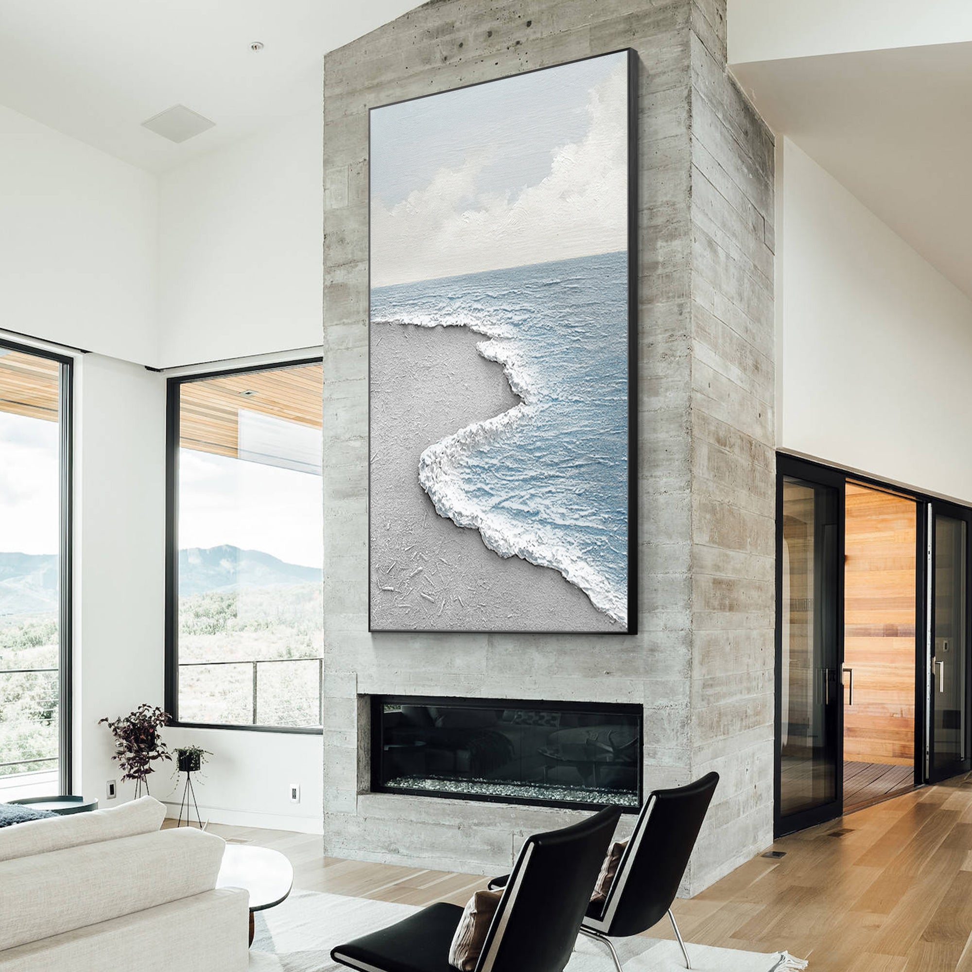 Light blue seascape painting with 3D textured waves