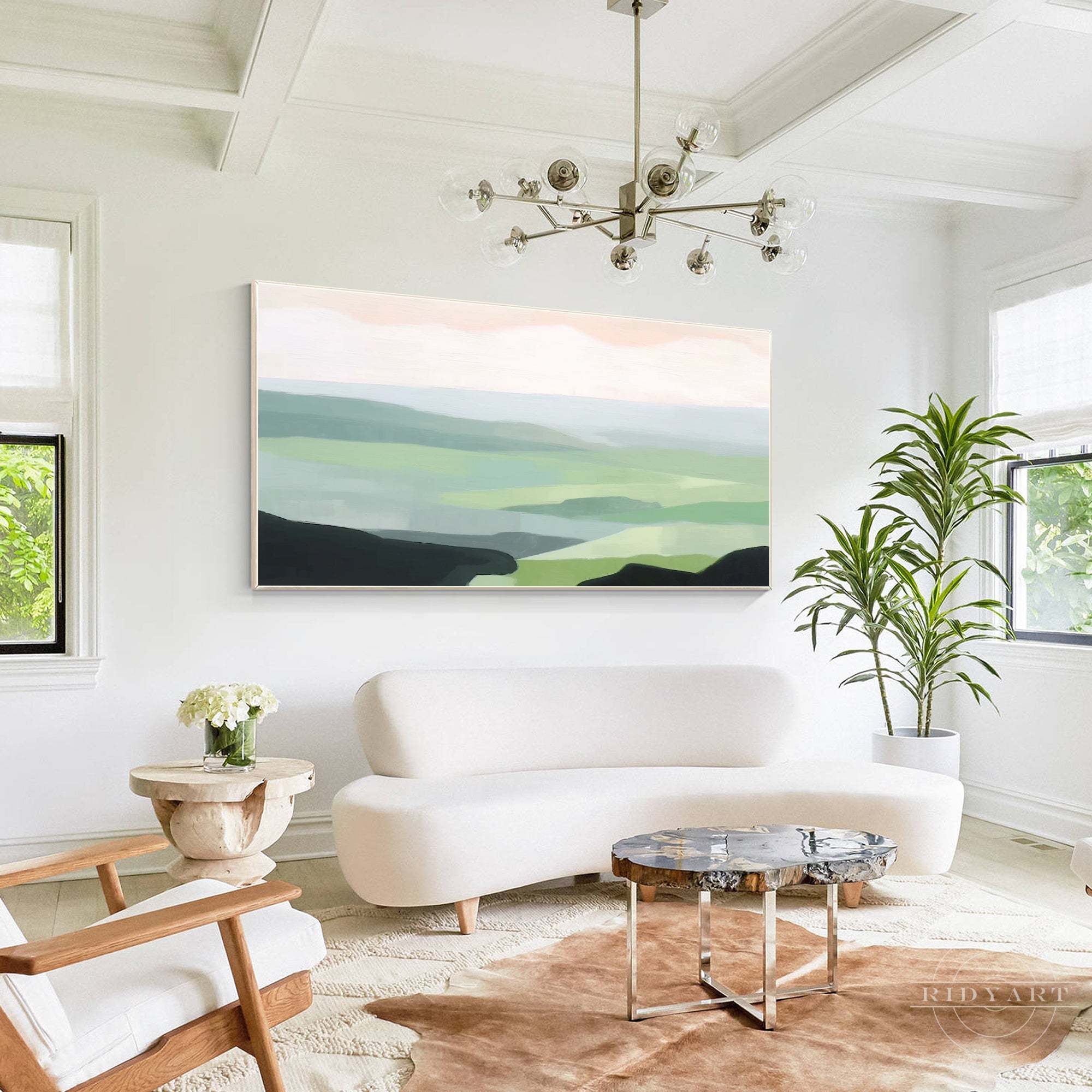 Light green mountain abstract painting on canvas.