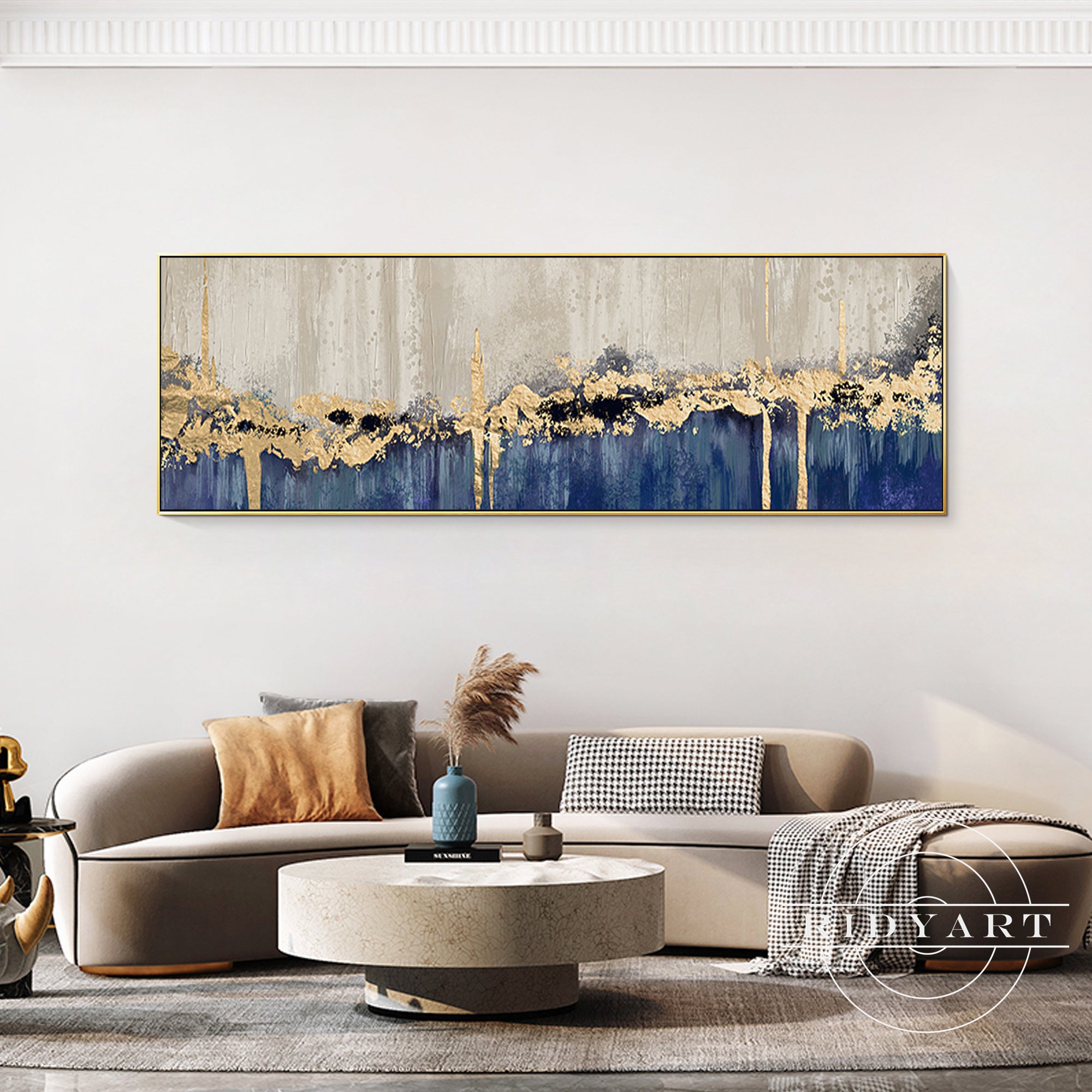 Modern navy blue abstract art framed for living room decor