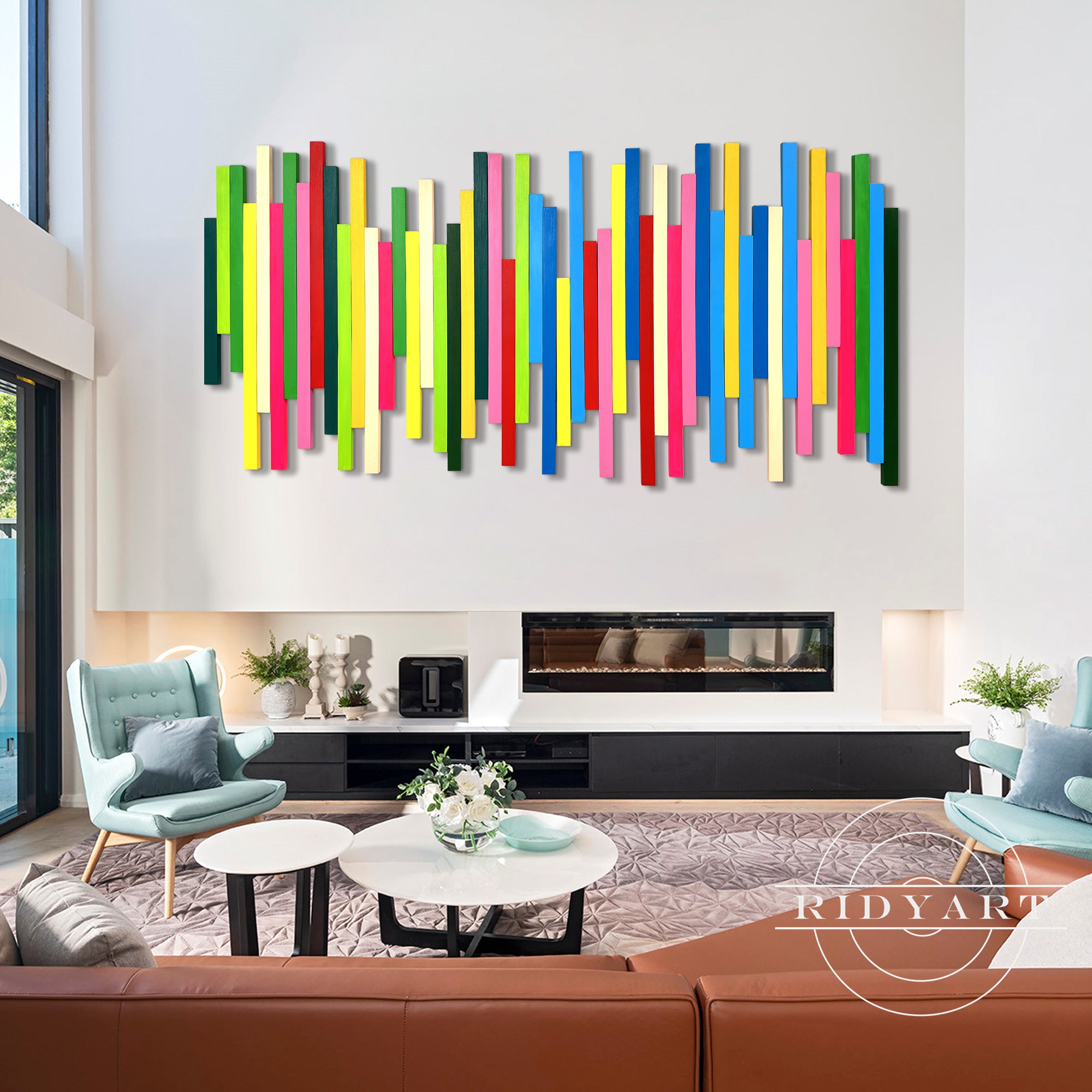 Large horizontal wood painting in vibrant color tones