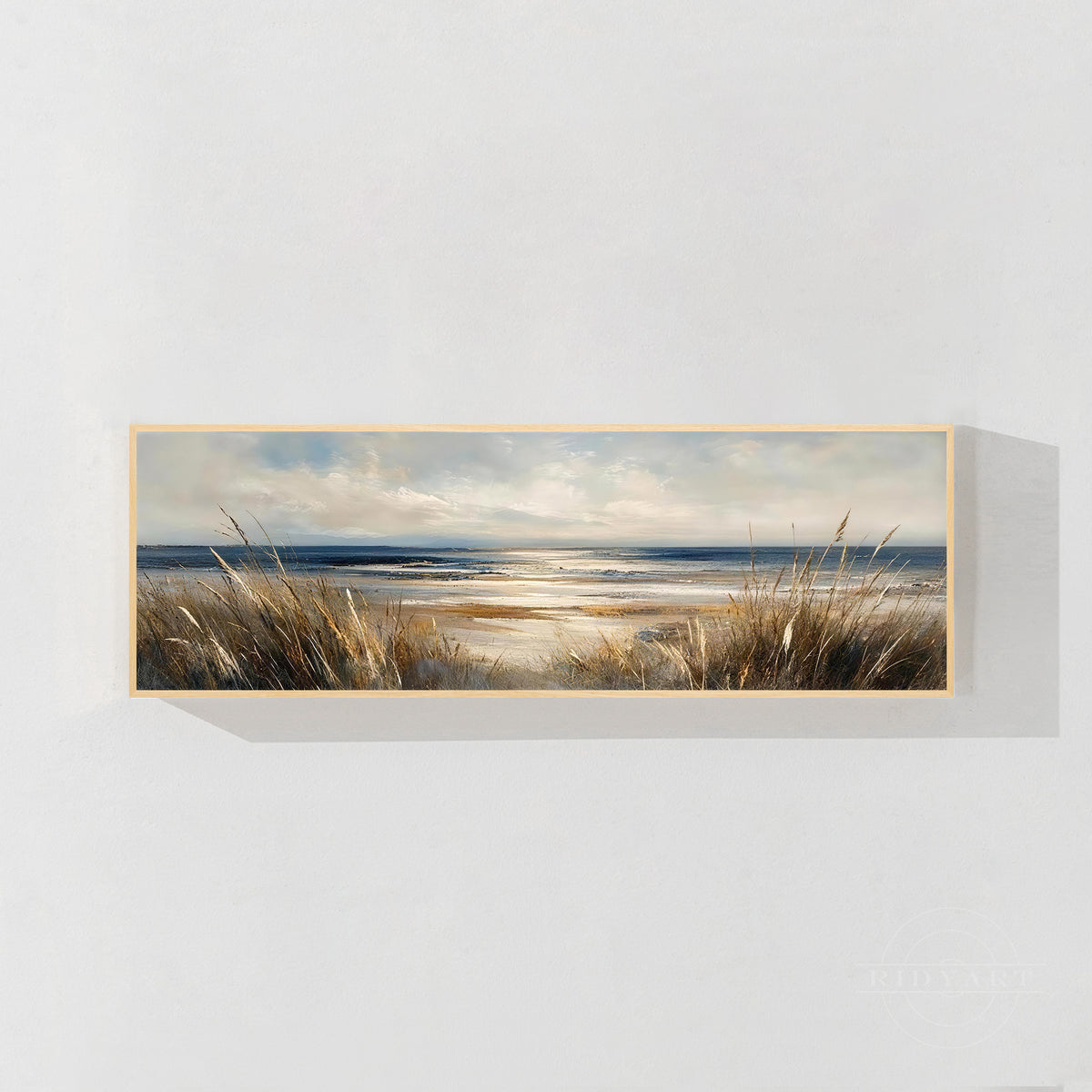 Beige and blue coastal landscape wall art featuring a peaceful ocean horizon, sandy beach, and golden coastal grasses