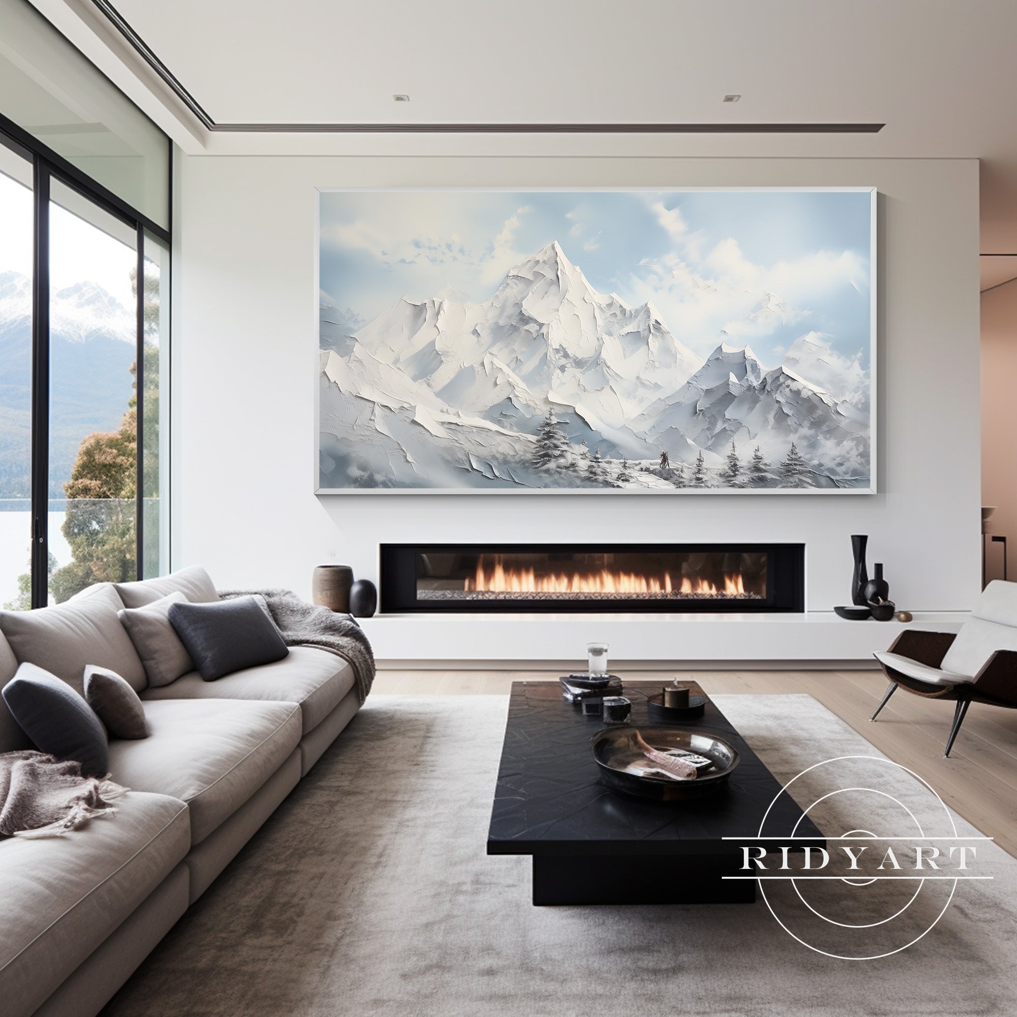 Snowy mountain scene wall art for living room decor