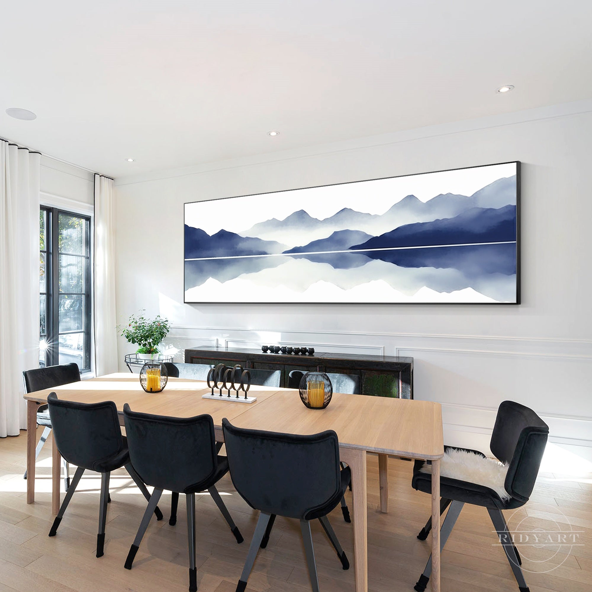Blue mountain painting on canvas for horizontal wall decor.