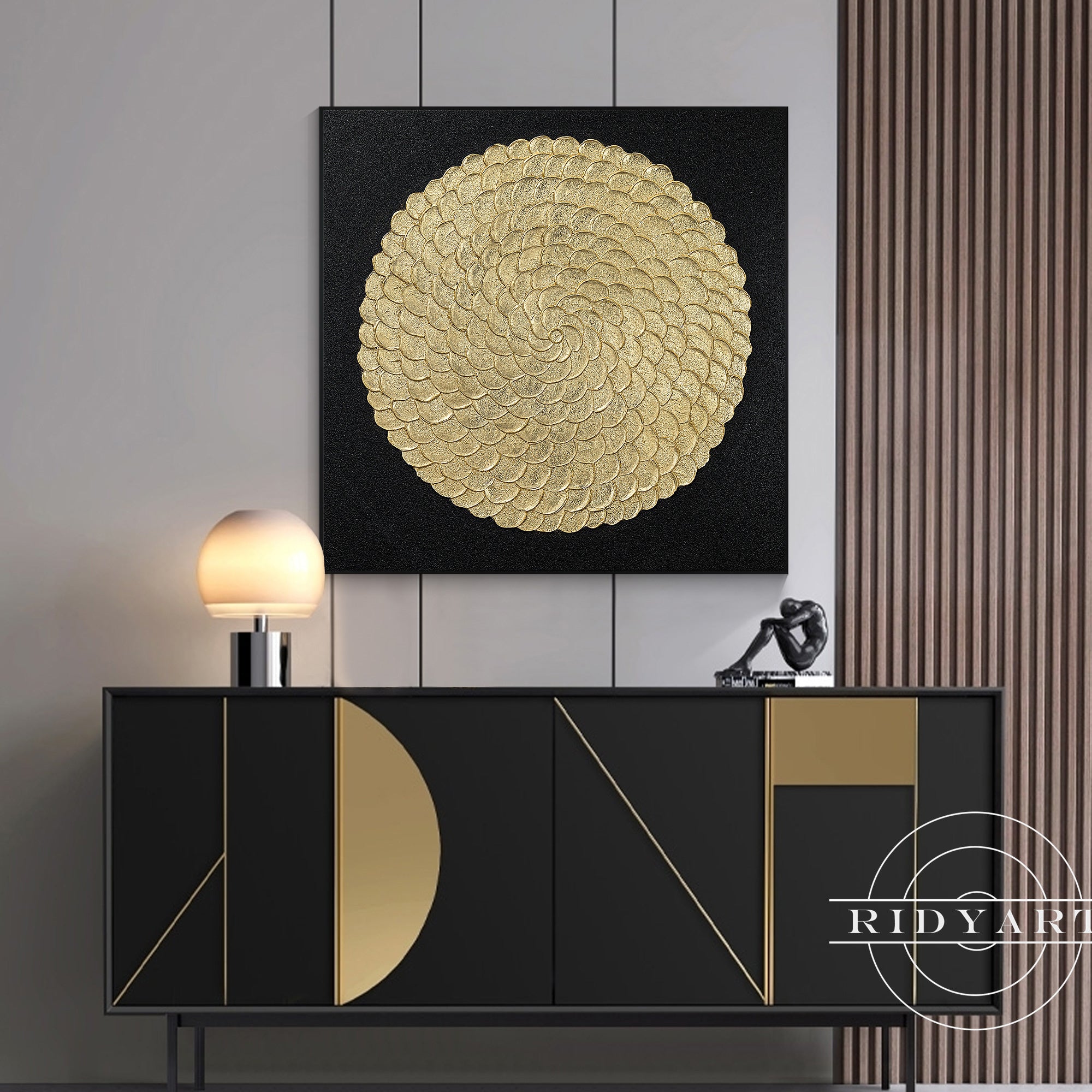 3D textured flower circle artwork with metallic gold leaf