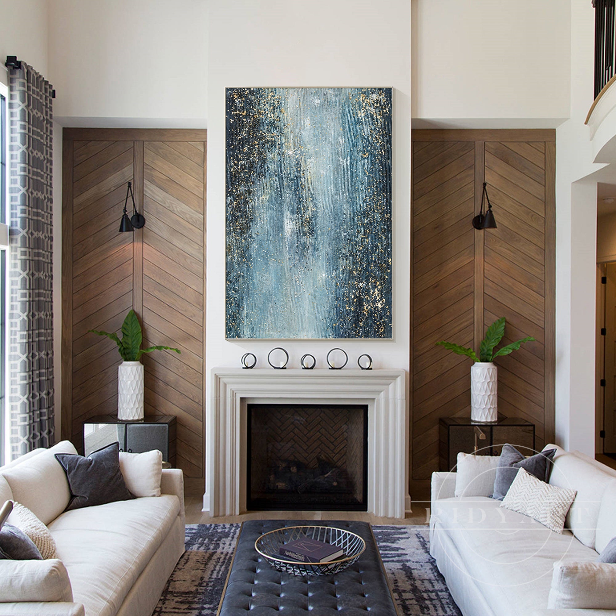 Luxurious Navy Blue and Gold glitter artwork for modern interiors