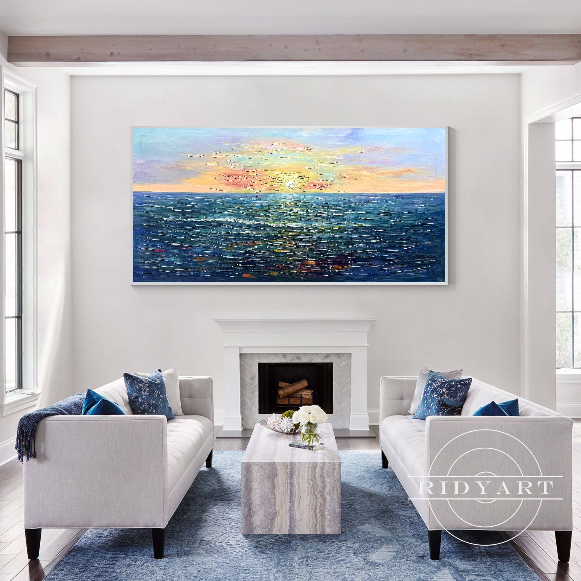 Luxury ocean wall art with sunrise tones