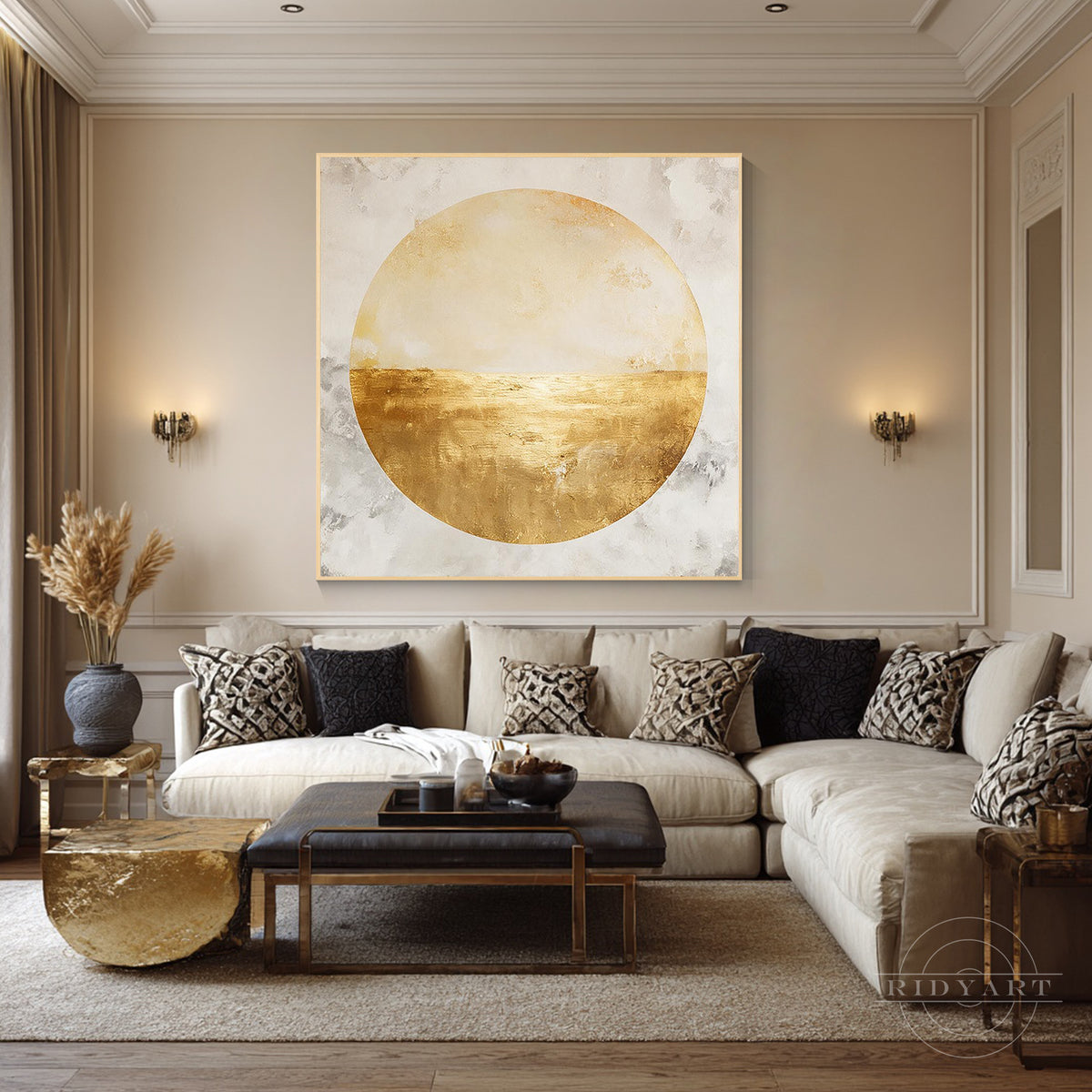 Luxury framed canvas print with textured gold leaf circle design in a warm neutral art style.