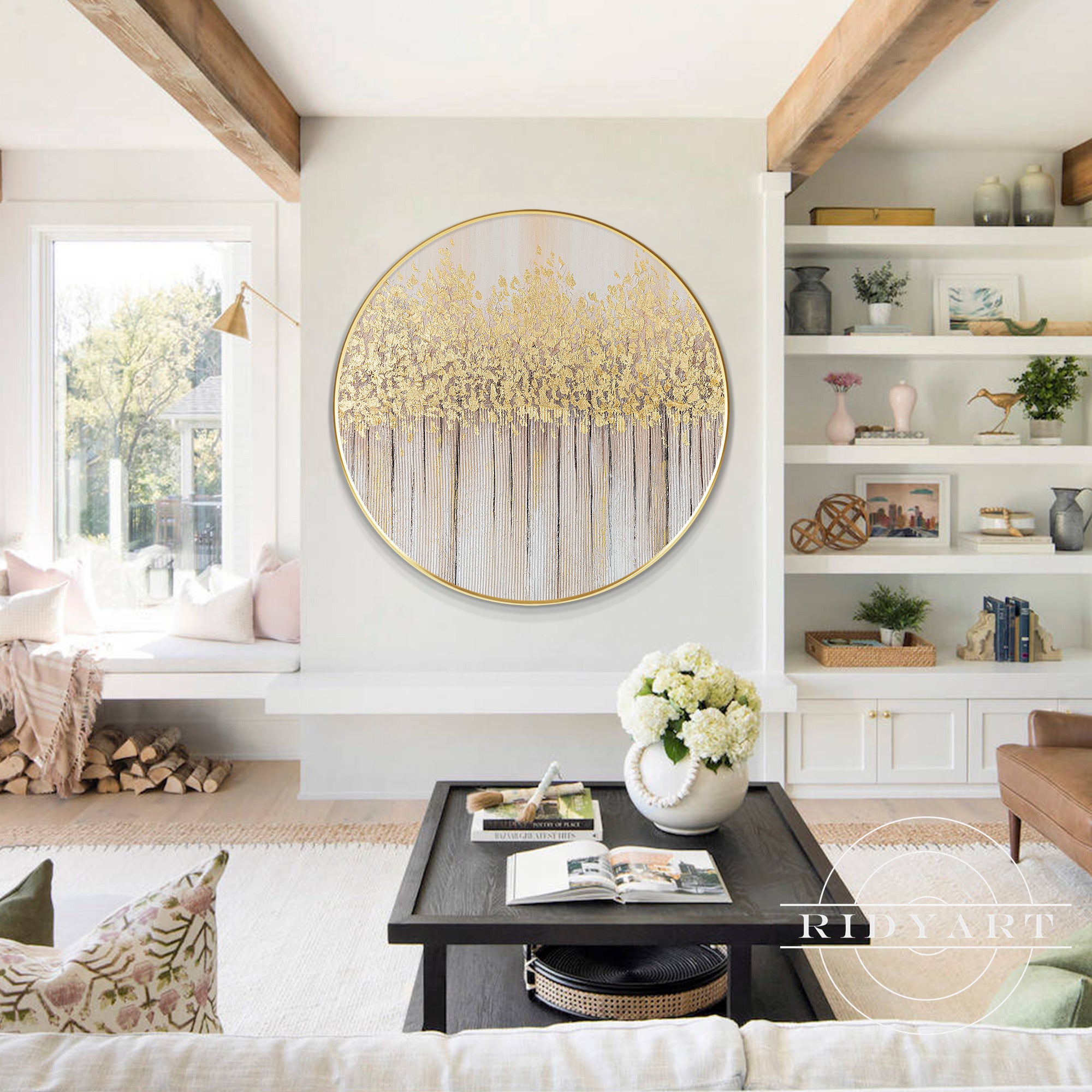 Handmade round canvas wall decor with gold accents