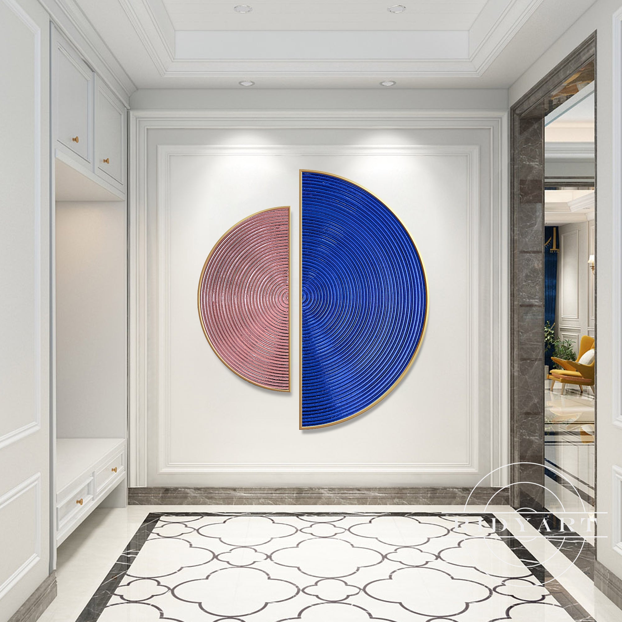 Framed abstract semicircle art in pink and blue tones