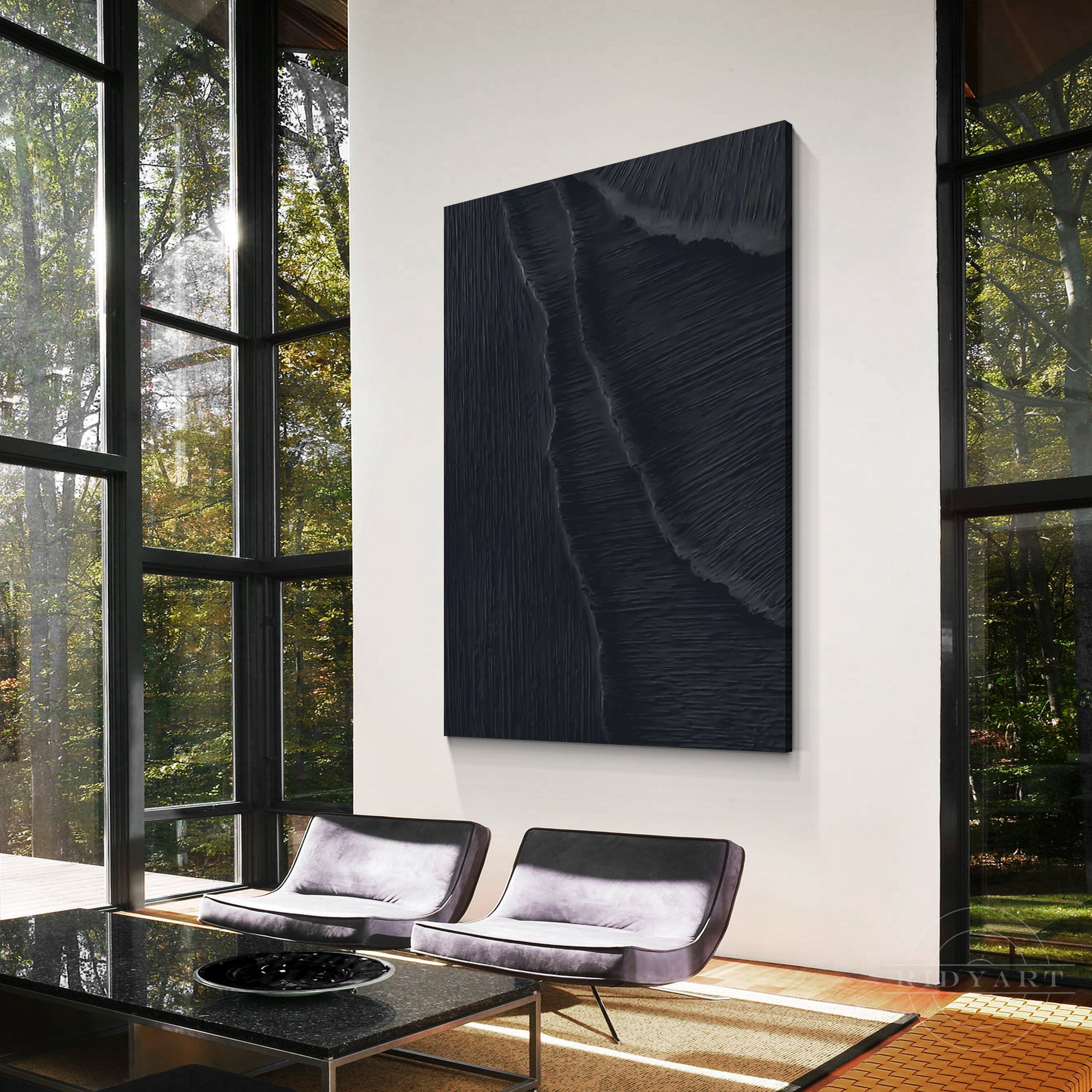 Matte black 3D textured sea waves painting on canvas. Extra-large vertical wall art framed for minimalist home decor.