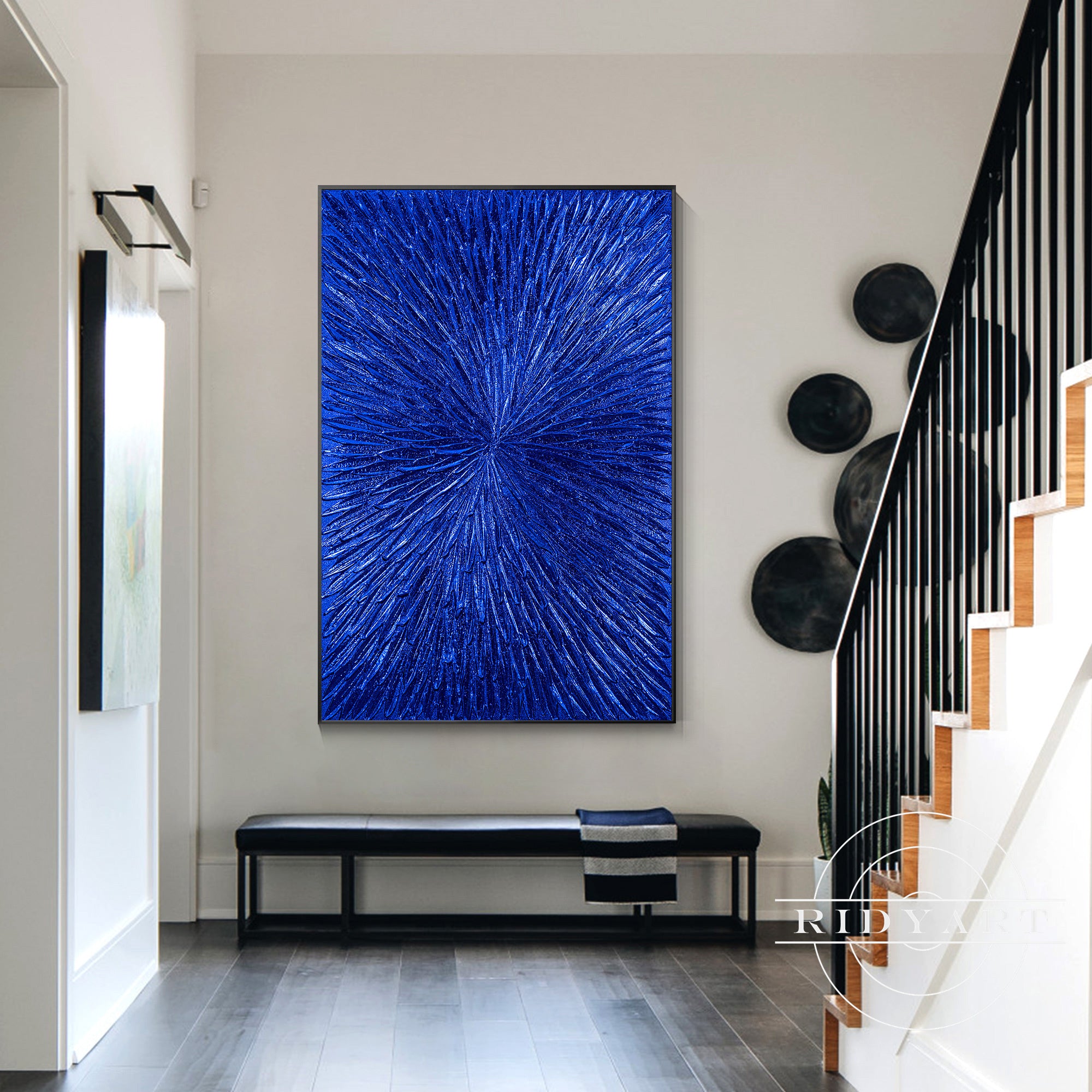 Vertical luxury metallic painting in vibrant blue tones