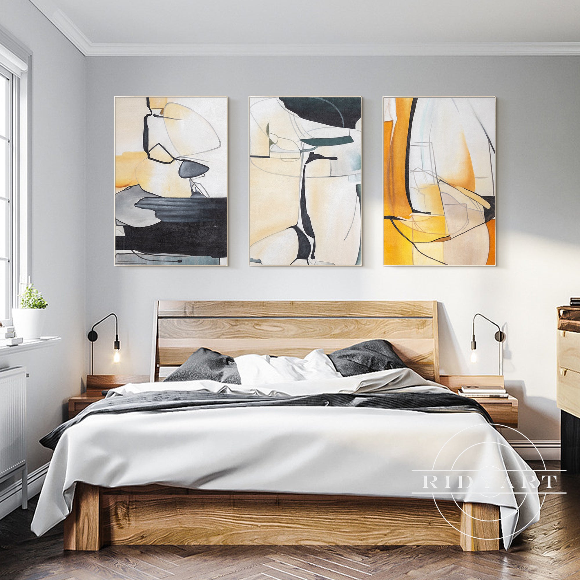 Contemporary boho wall decor in black and yellow tones