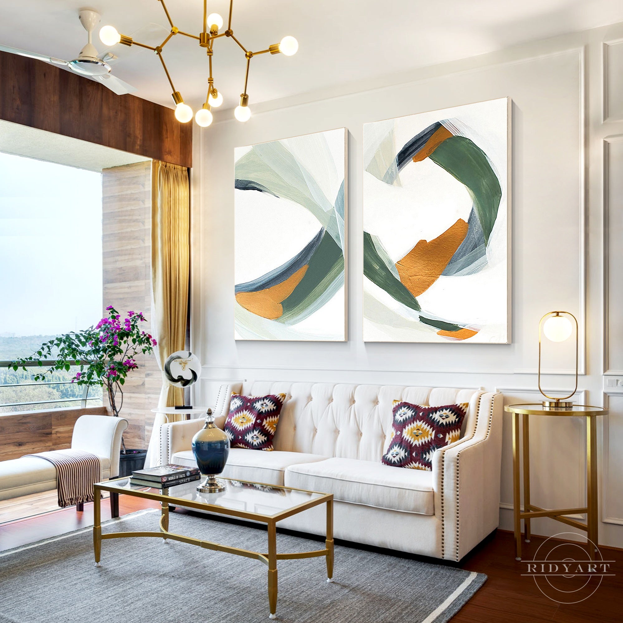 Two-piece abstract canvas in sage and gold