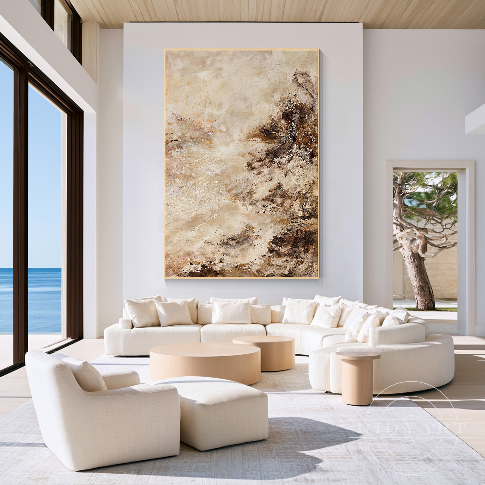 替代文本 (Alt Text): Minimalist beige and dark brown vertical abstract painting serving as modern wall decor above a sofa