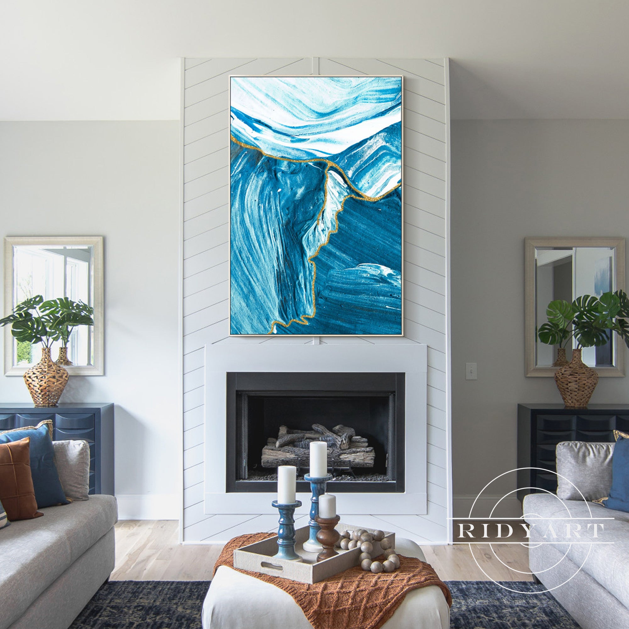 Minimalist seascape wall art with turquoise and white hues.
