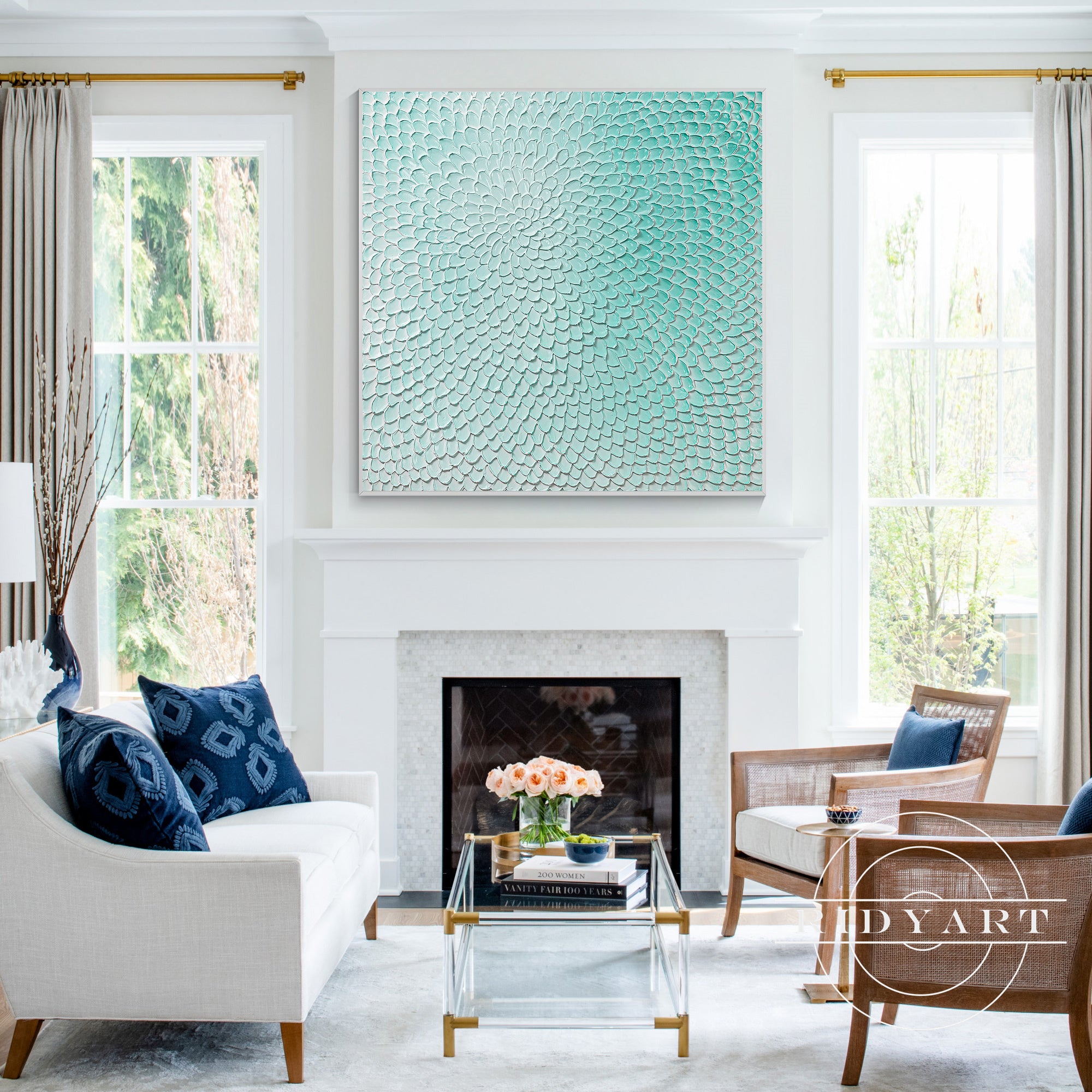 Oversized minimalist canvas painting in teal and green tones