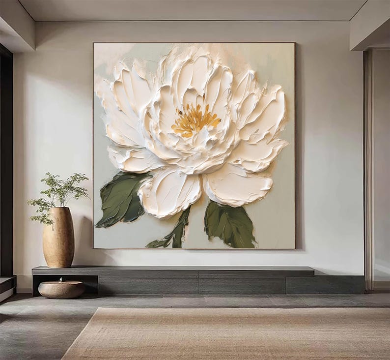 Hand-painted white flower canvas with 3D floral design
