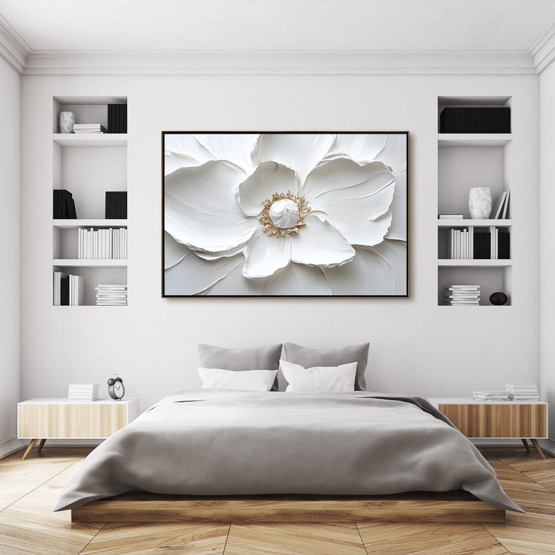 Large minimalist white flower painting for modern decor