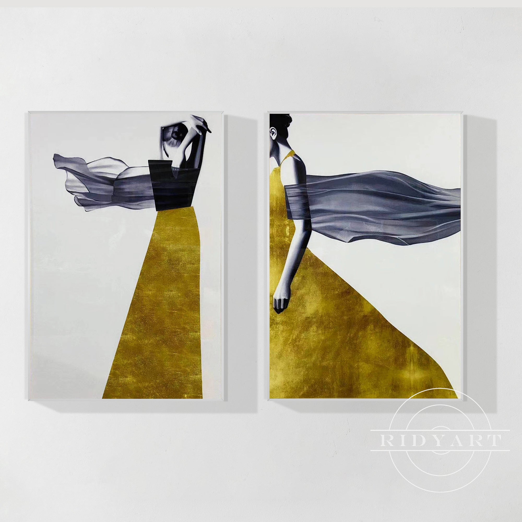 Framed girl artwork in navy and gold tones