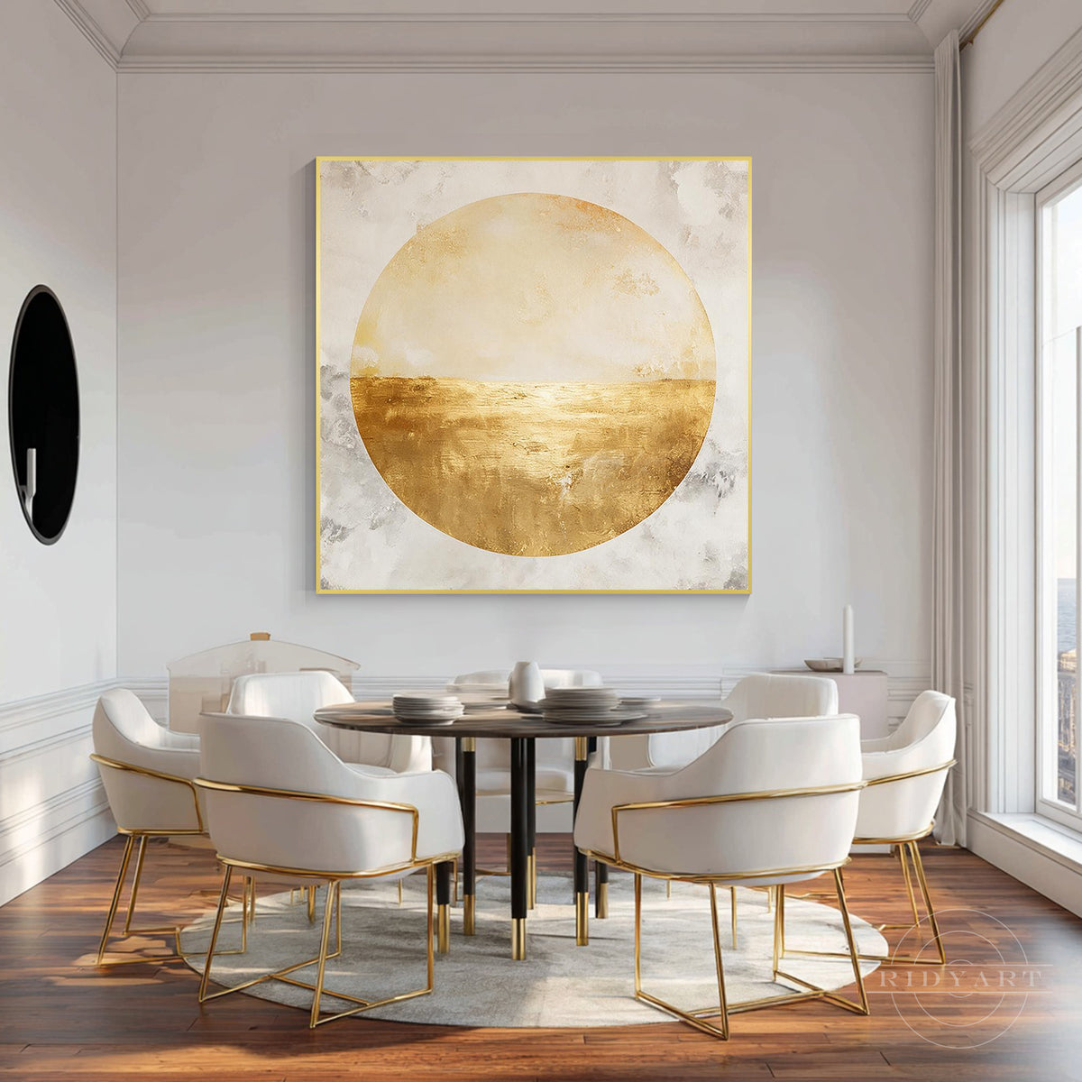 Minimalist golden circle oil painting with rich gold foil texture framed on a minimalist light gray wall.
