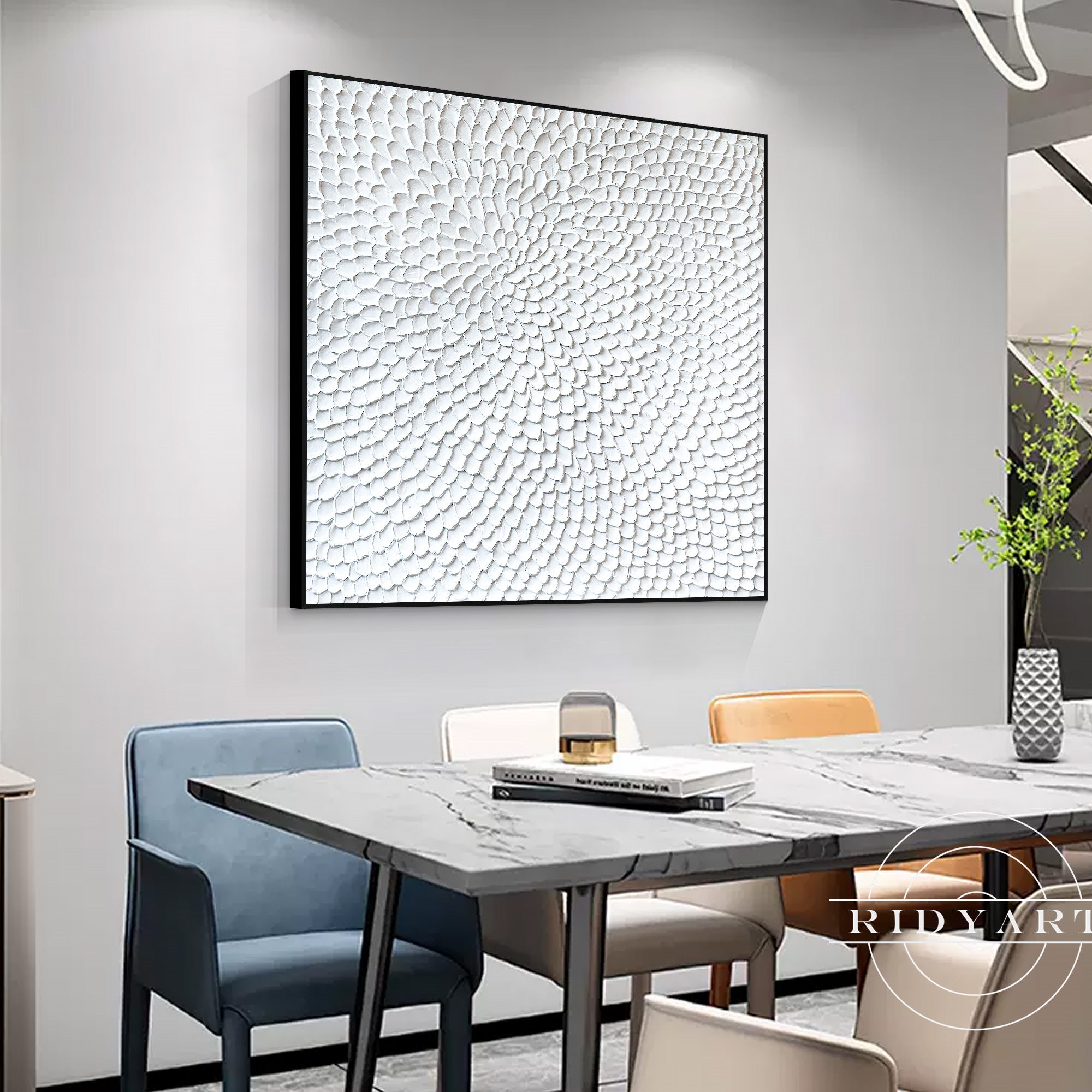 Oversized textured canvas art in soft white tones