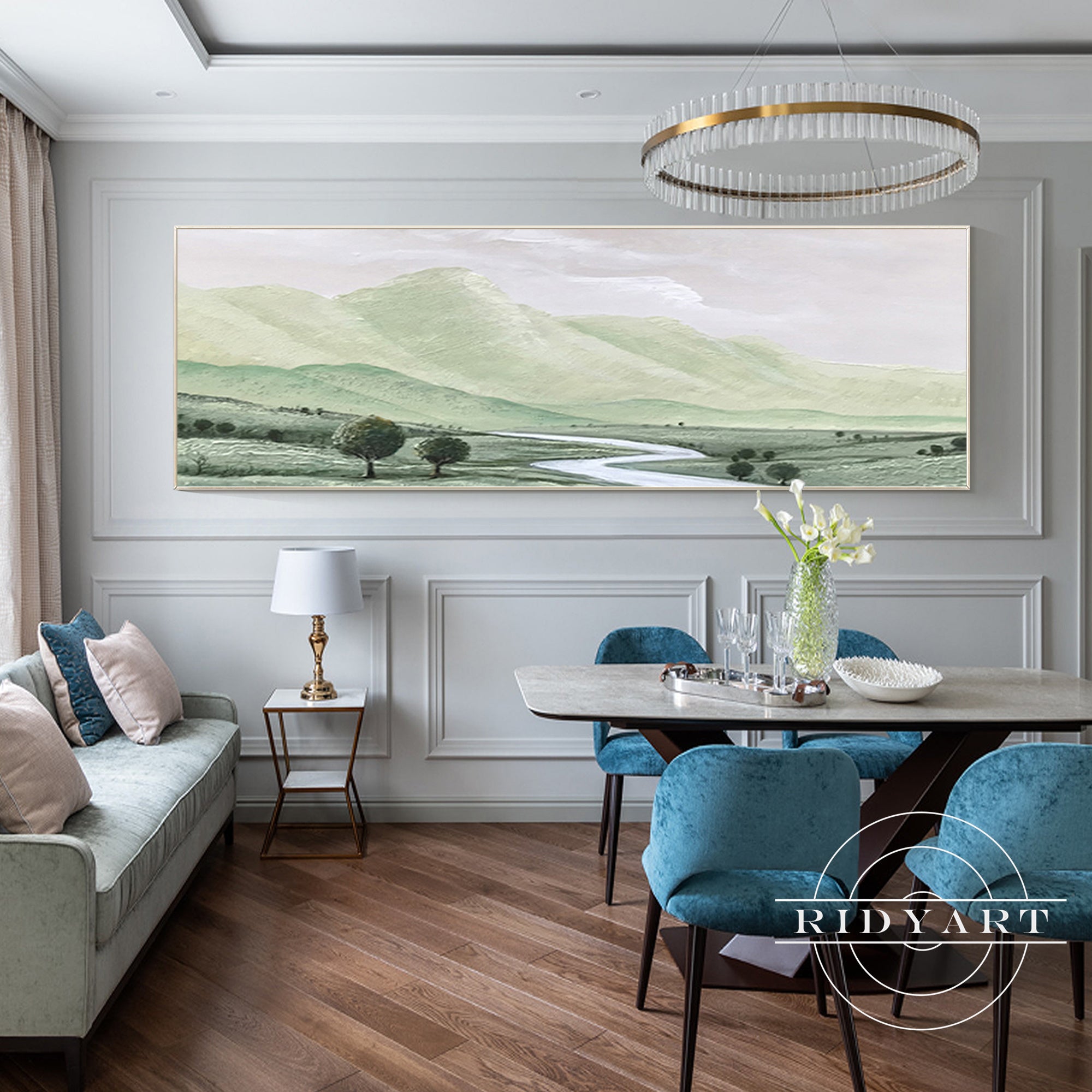 Calm green mountain canvas for living room decor
