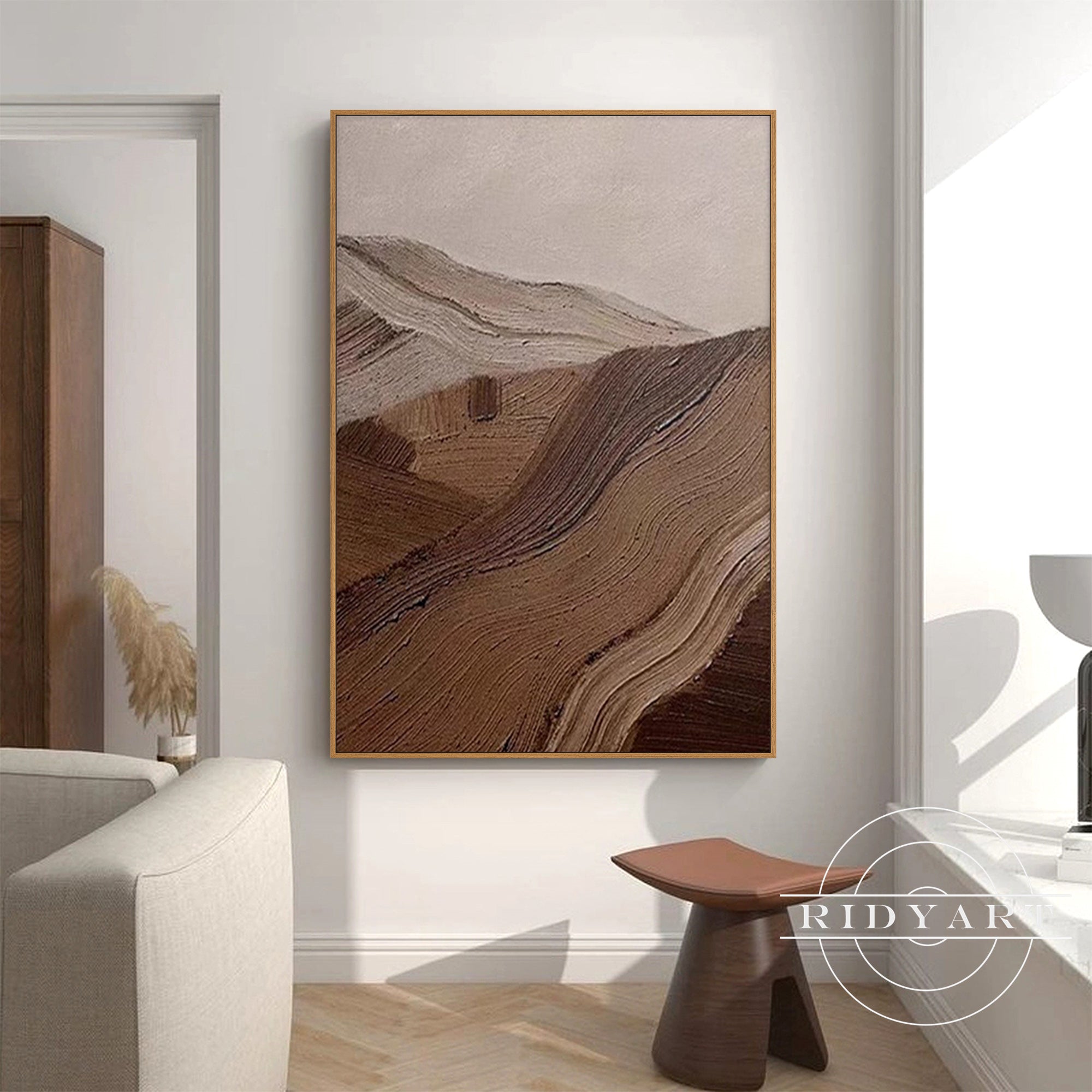 Minimalist Wabi-Sabi mountain painting in earthy tones for living room decor