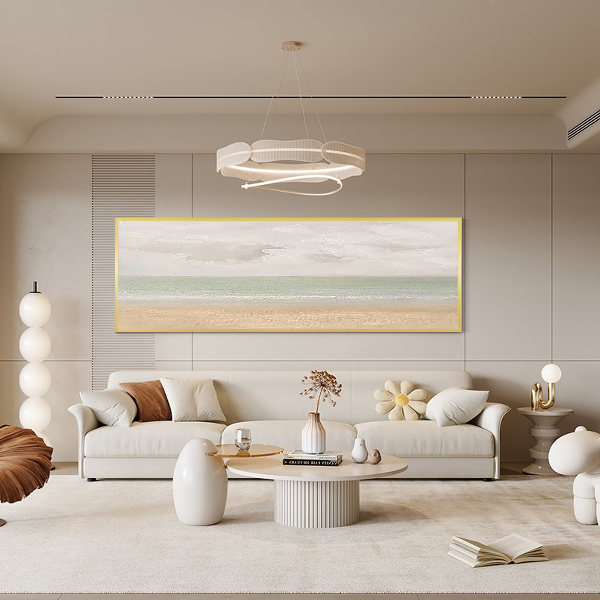 long horizontal ocean painting in soft green and beige