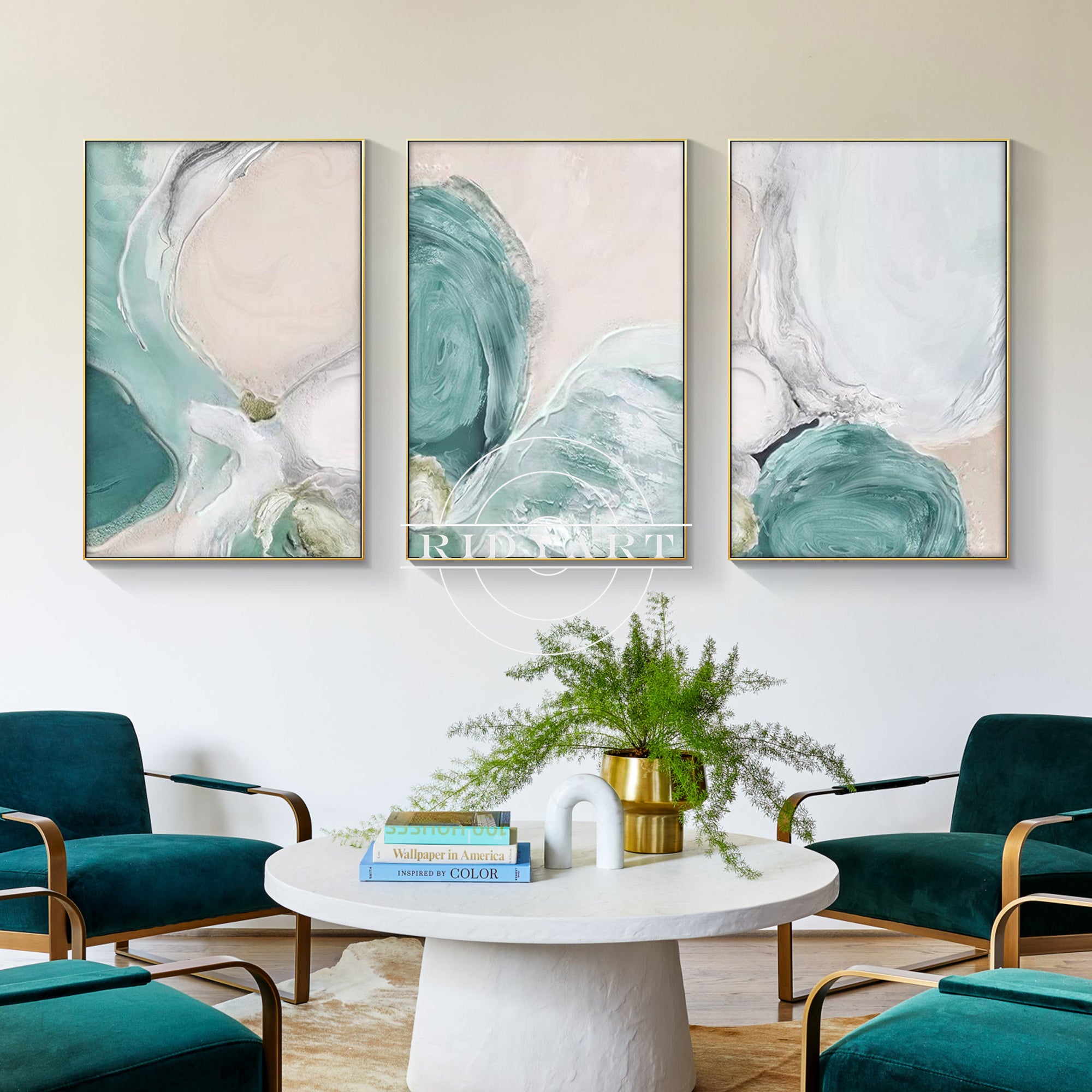 hand-painted teal and beige textured canvas set