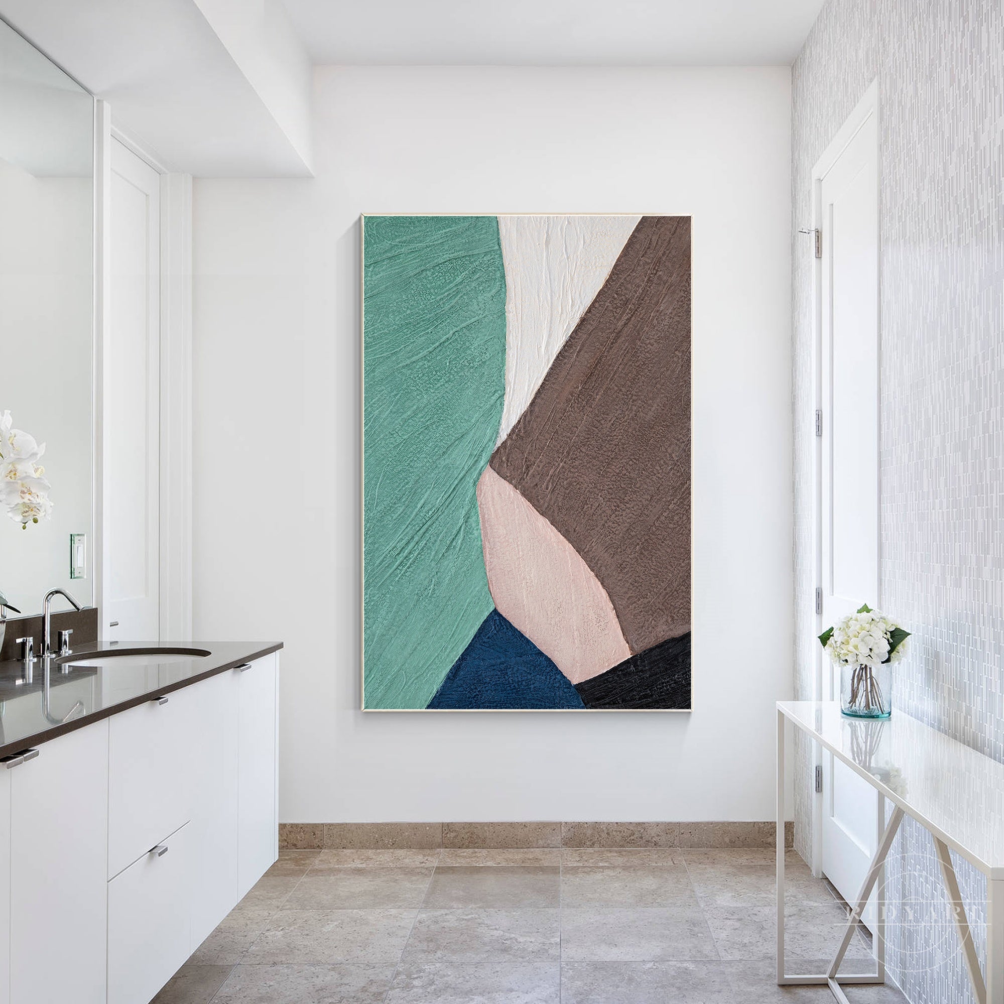 Extra large teal brown abstract artwork on canvas.