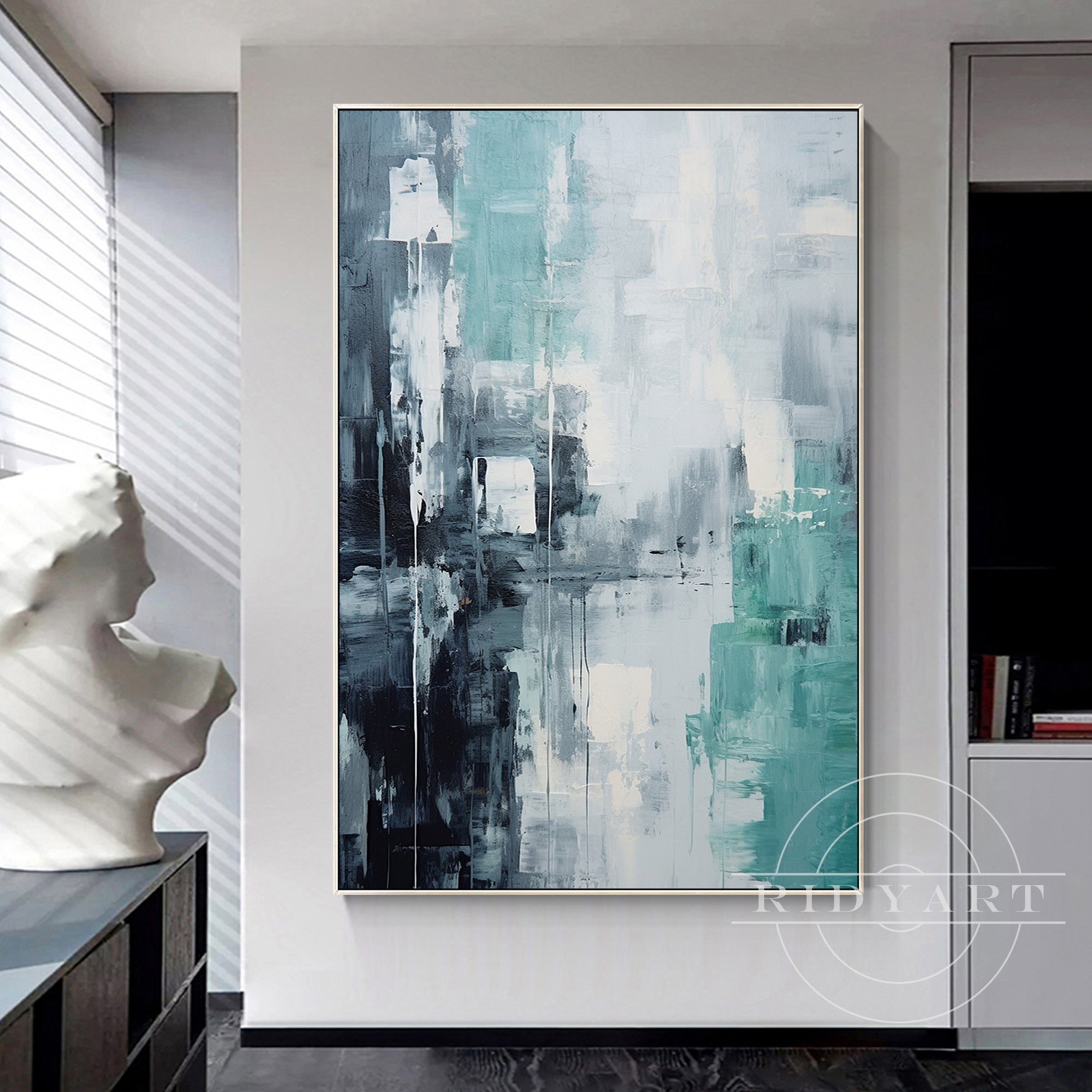 Minimalist abstract art in teal and gray, suitable for modern interior spaces