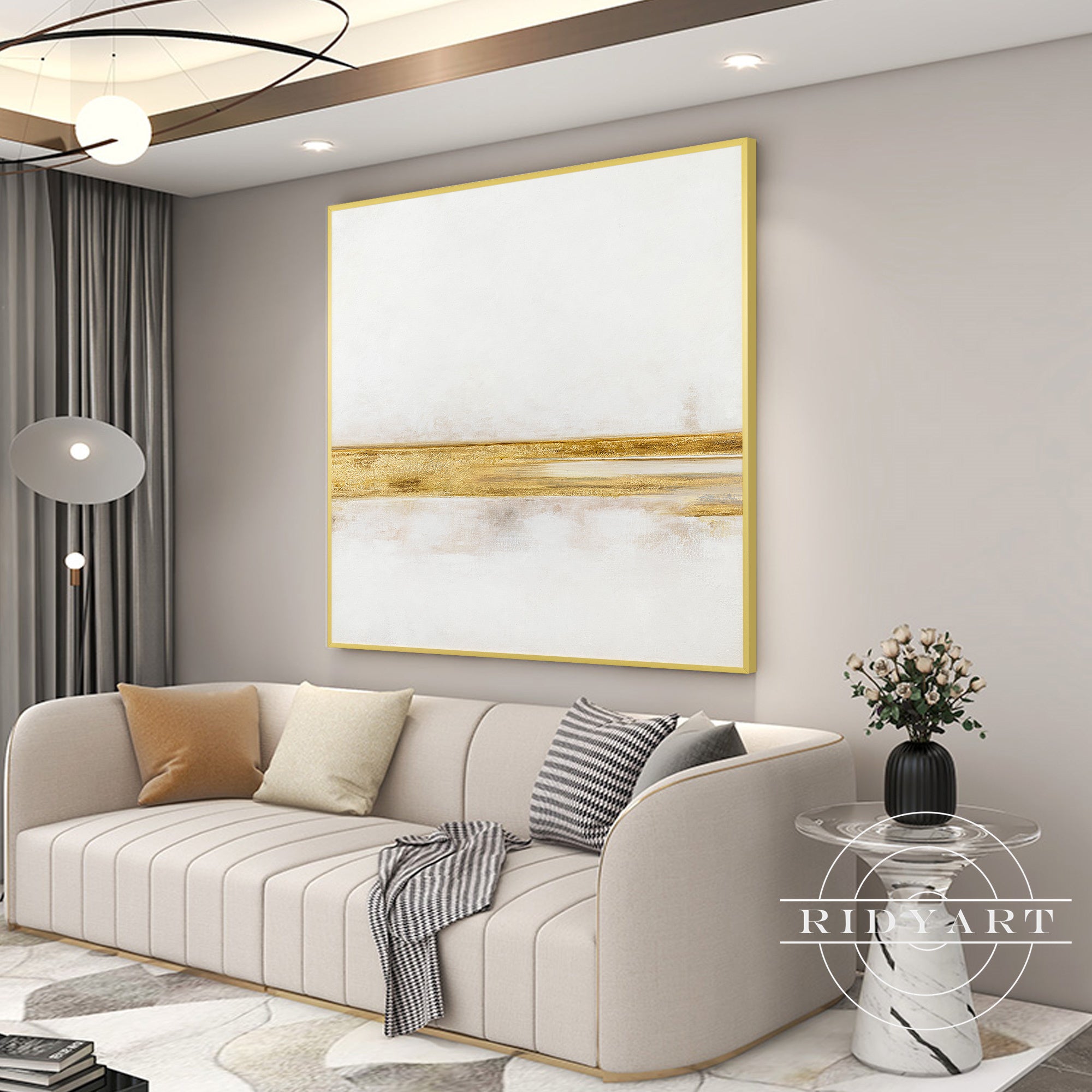 Hand-painted horizontal wall art with gold accents