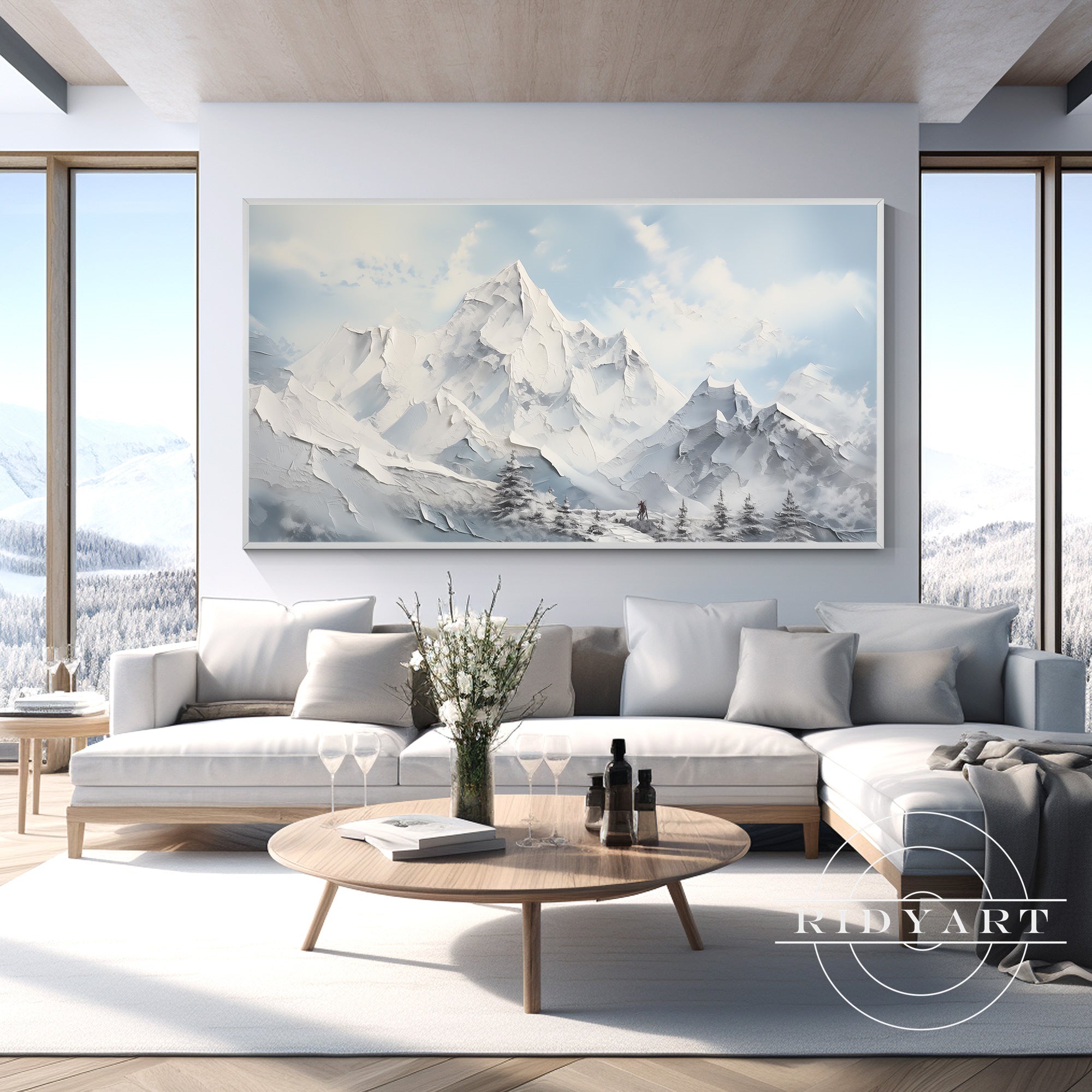Minimalist snow mountain artwork with serene feel
