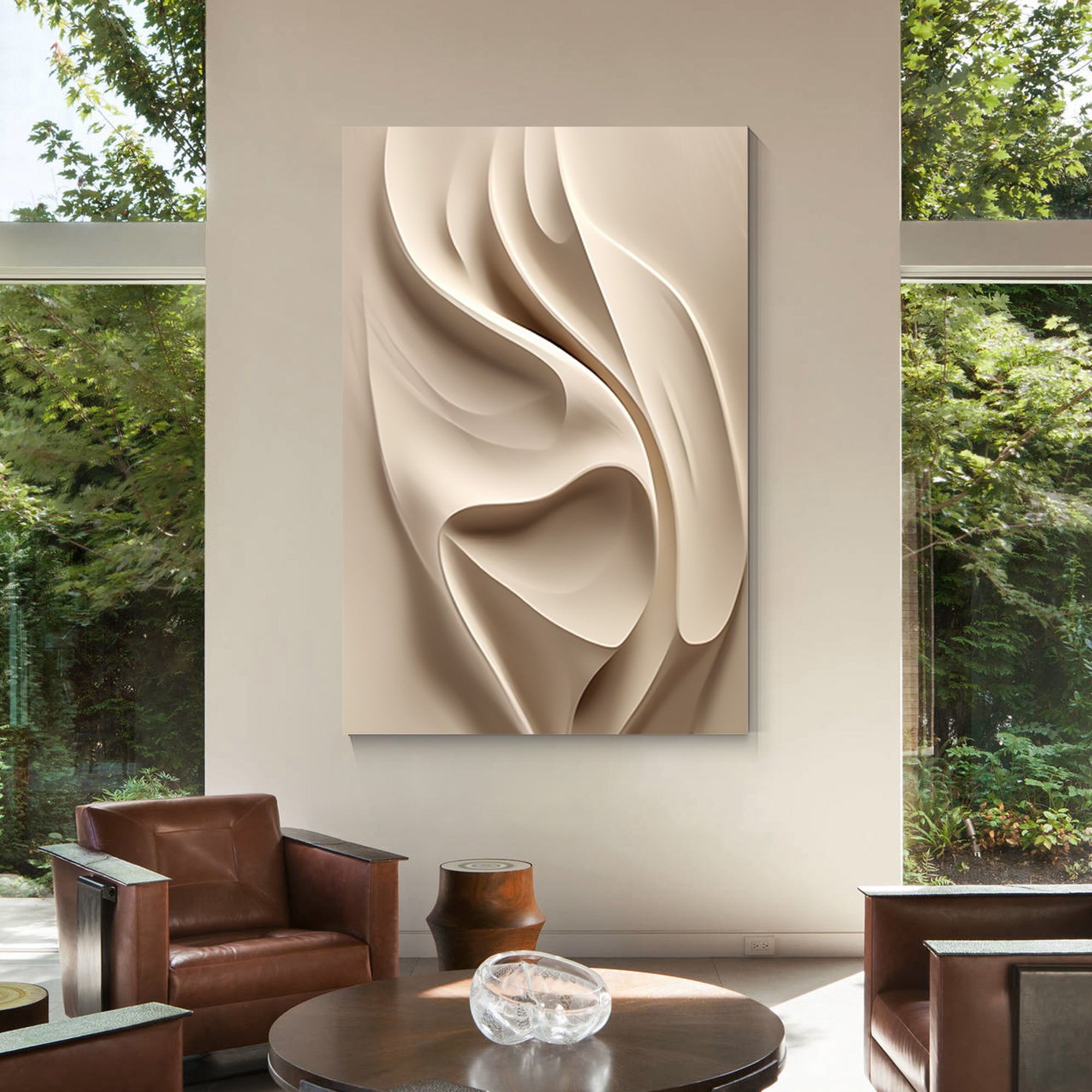 Minimalist beige wood relief art for living room