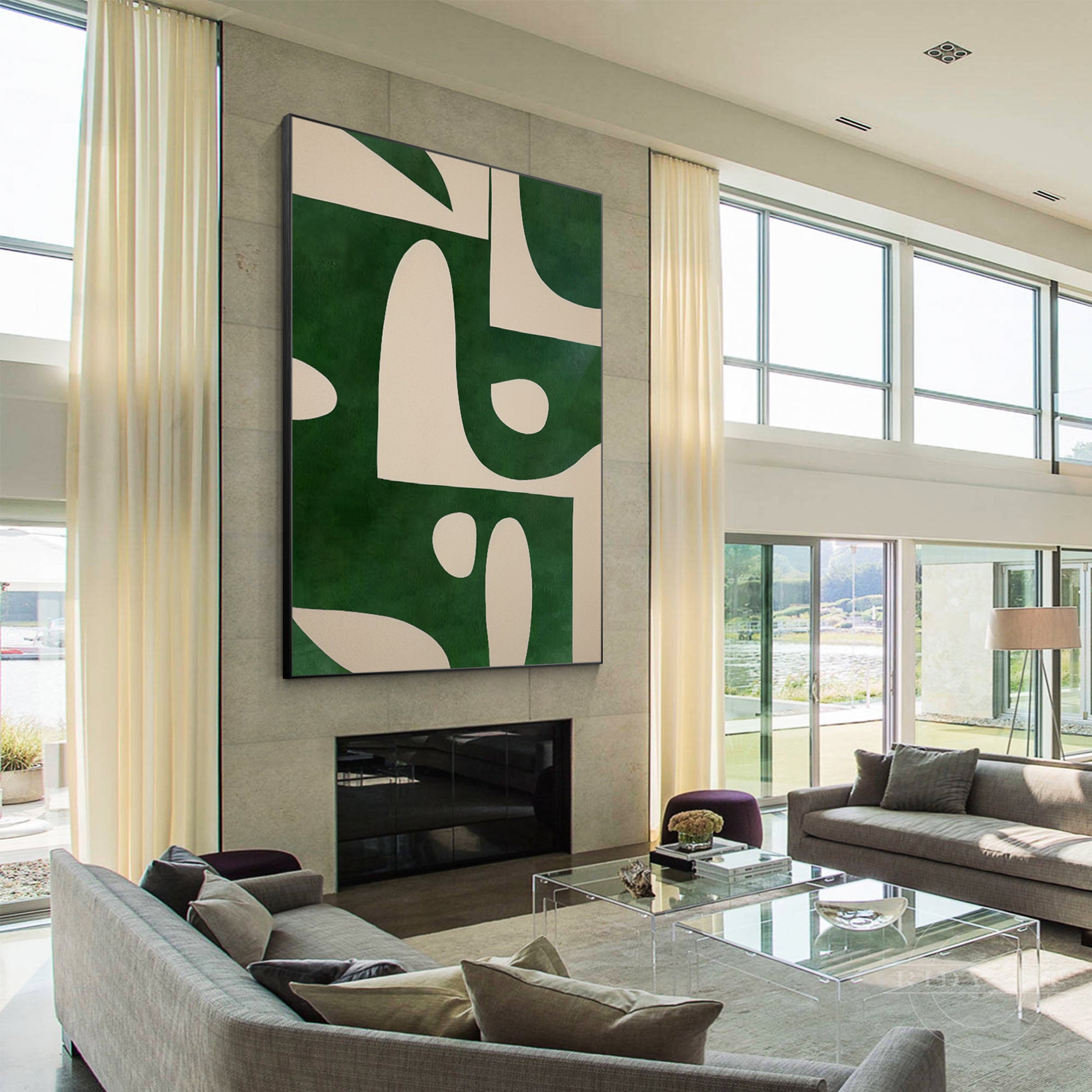 Beige and emerald green vertical abstract art painting on canvas with organic shapes. Large oversized minimalist wall art for home decor.