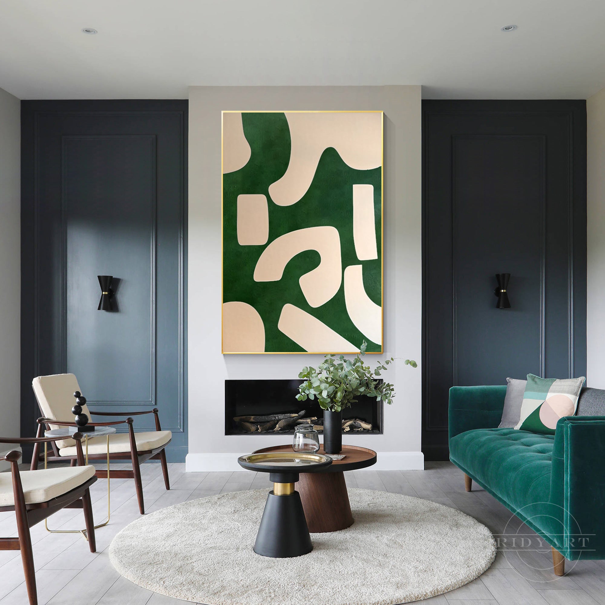 Emerald green and beige abstract painting on canvas with organic shapes. Vertical oversized minimalist wall art for modern home decor.