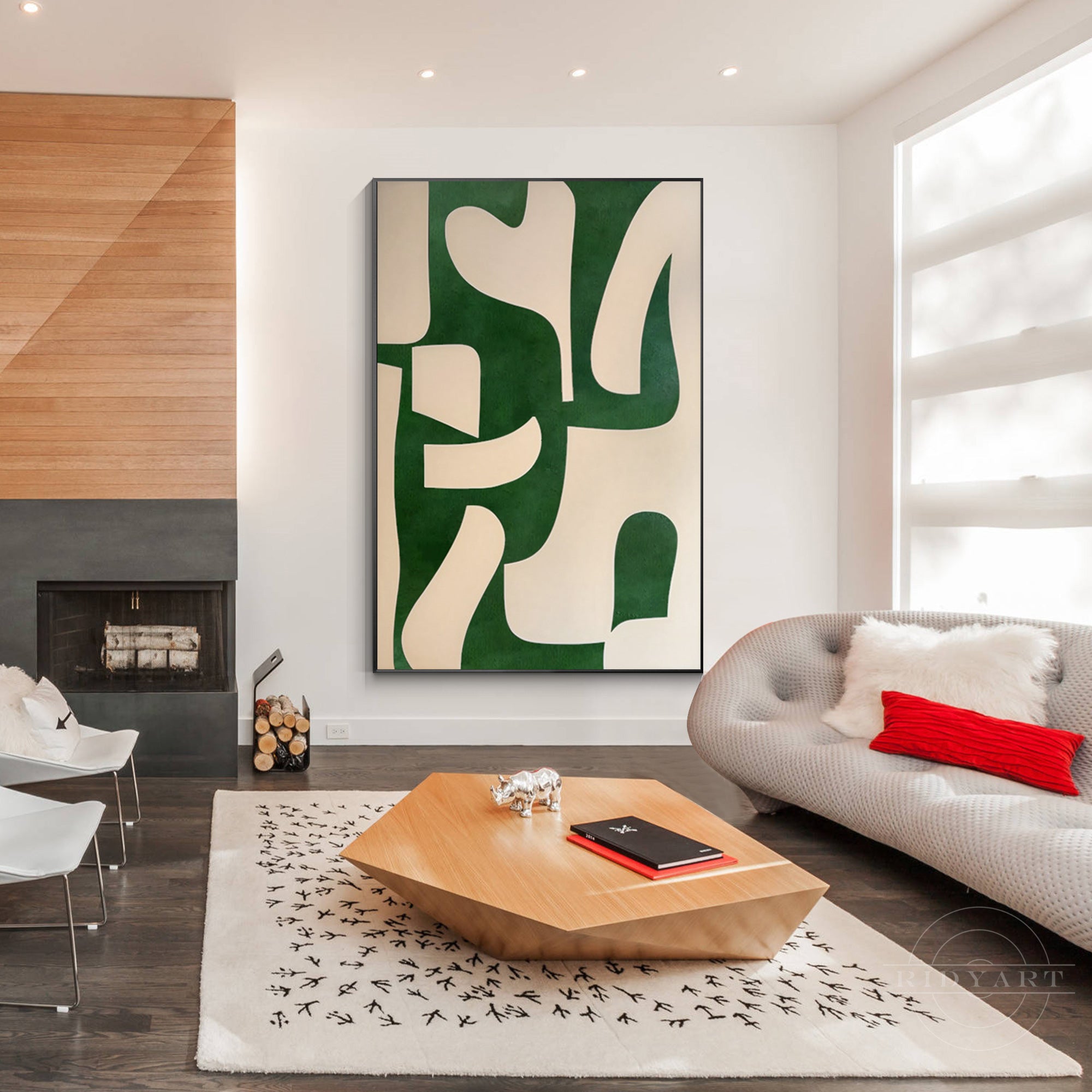 Beige and emerald green abstract painting on canvas with organic shapes. Vertical oversized minimalist wall art for modern home decor.