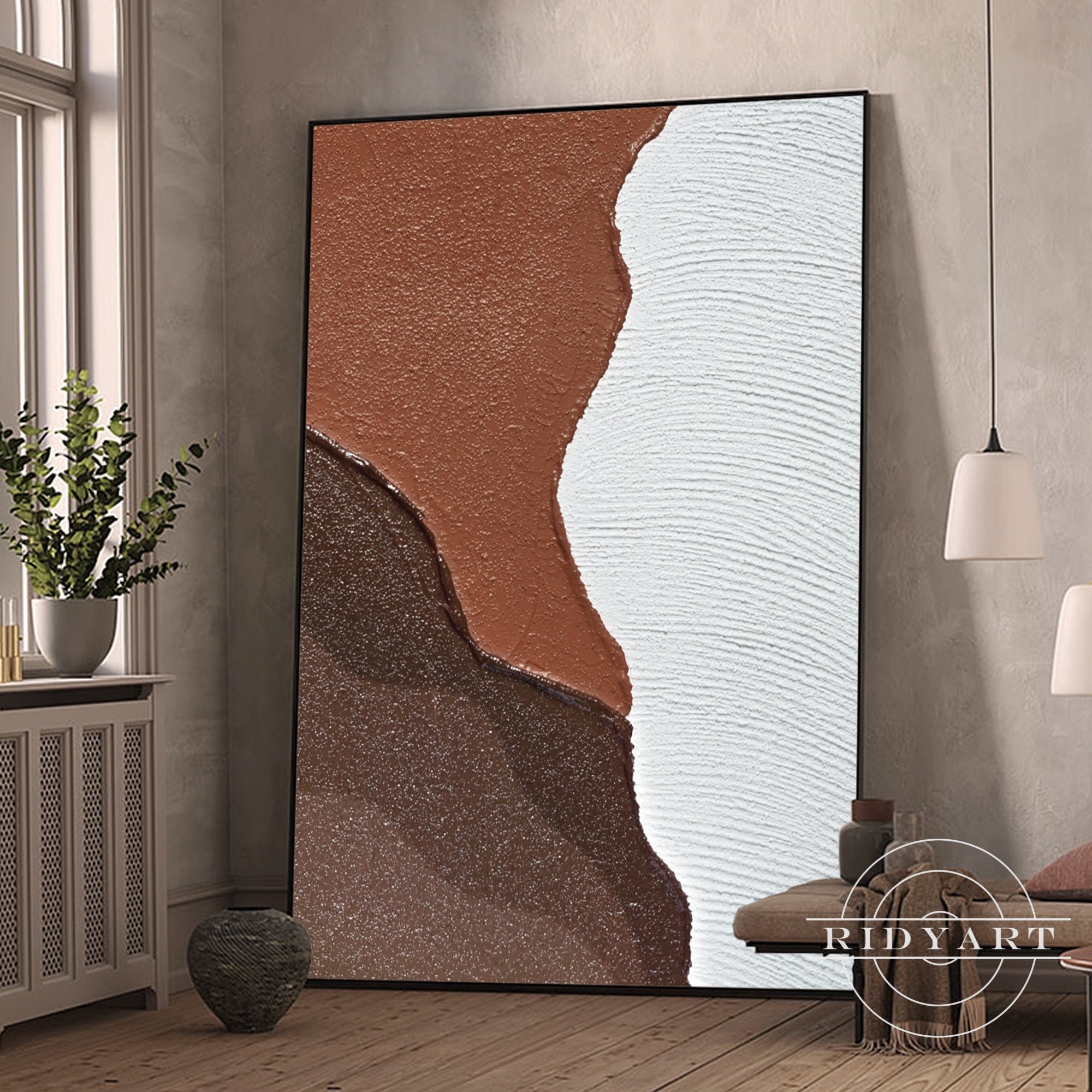 Earth tone abstract ocean painting with textured details.