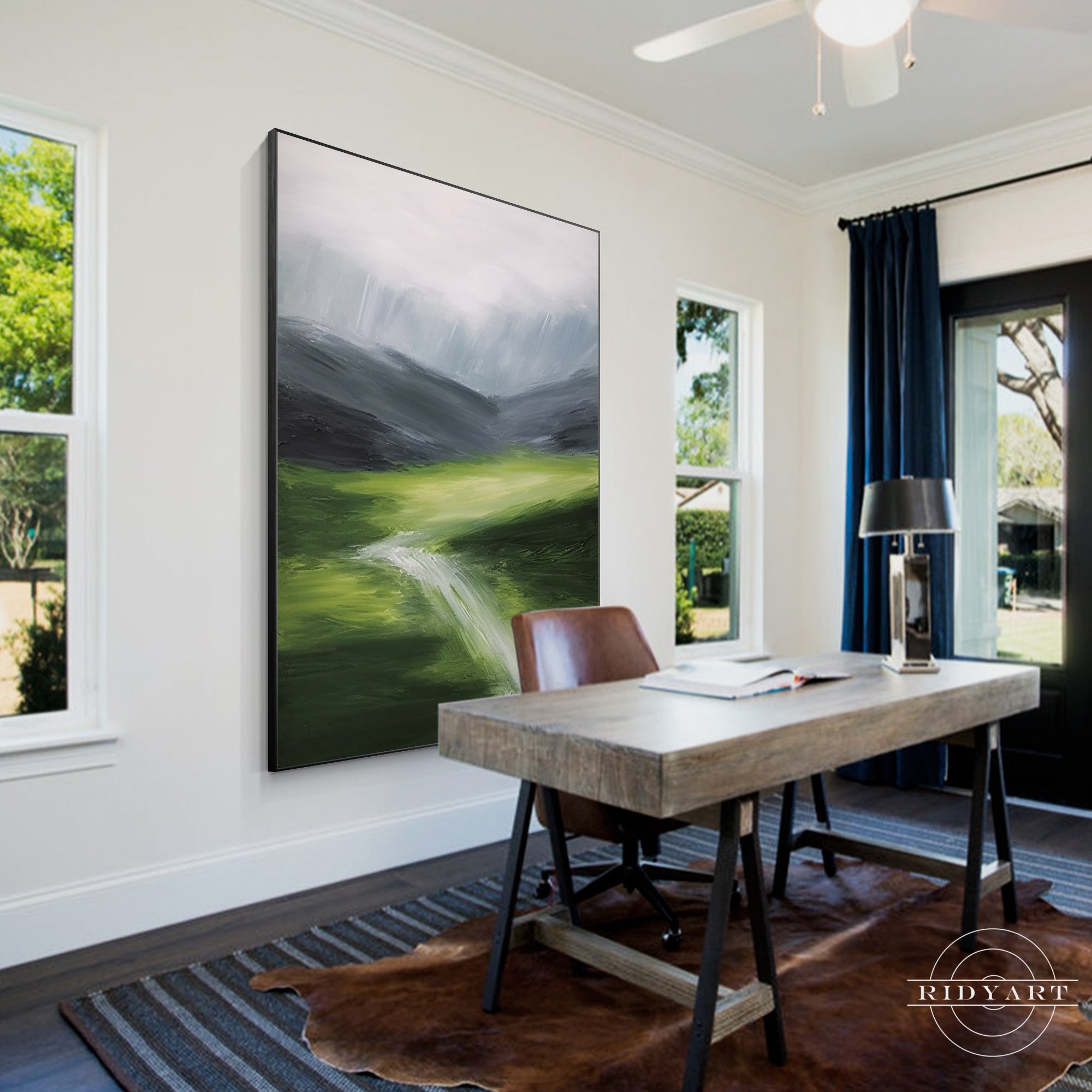 Green textured mountain river wall art on canvas.