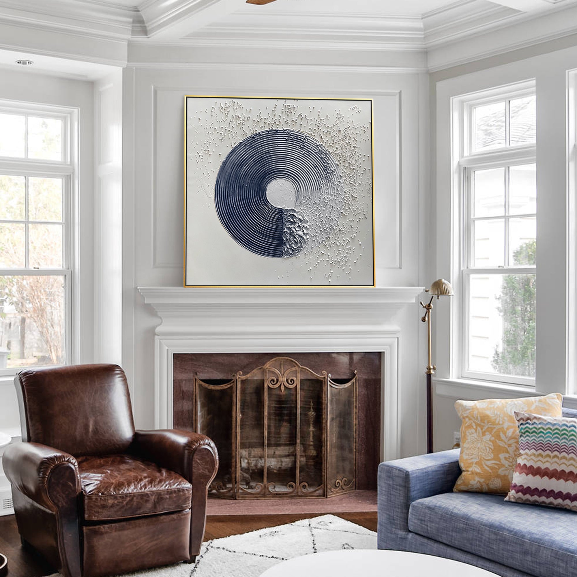 Navy blue textured abstract canvas painting featuring a minimalist Enso circle design. Large framed wall art ideal for living room or modern decor.