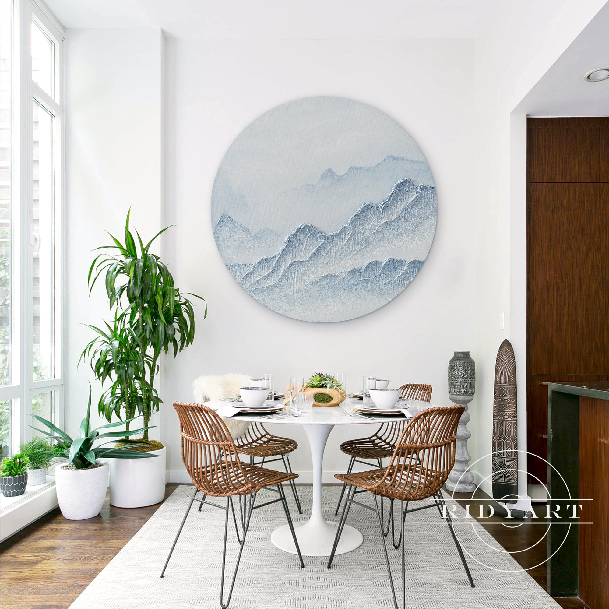 Round Blue White Mountain 3D Texture Wall Art Framed