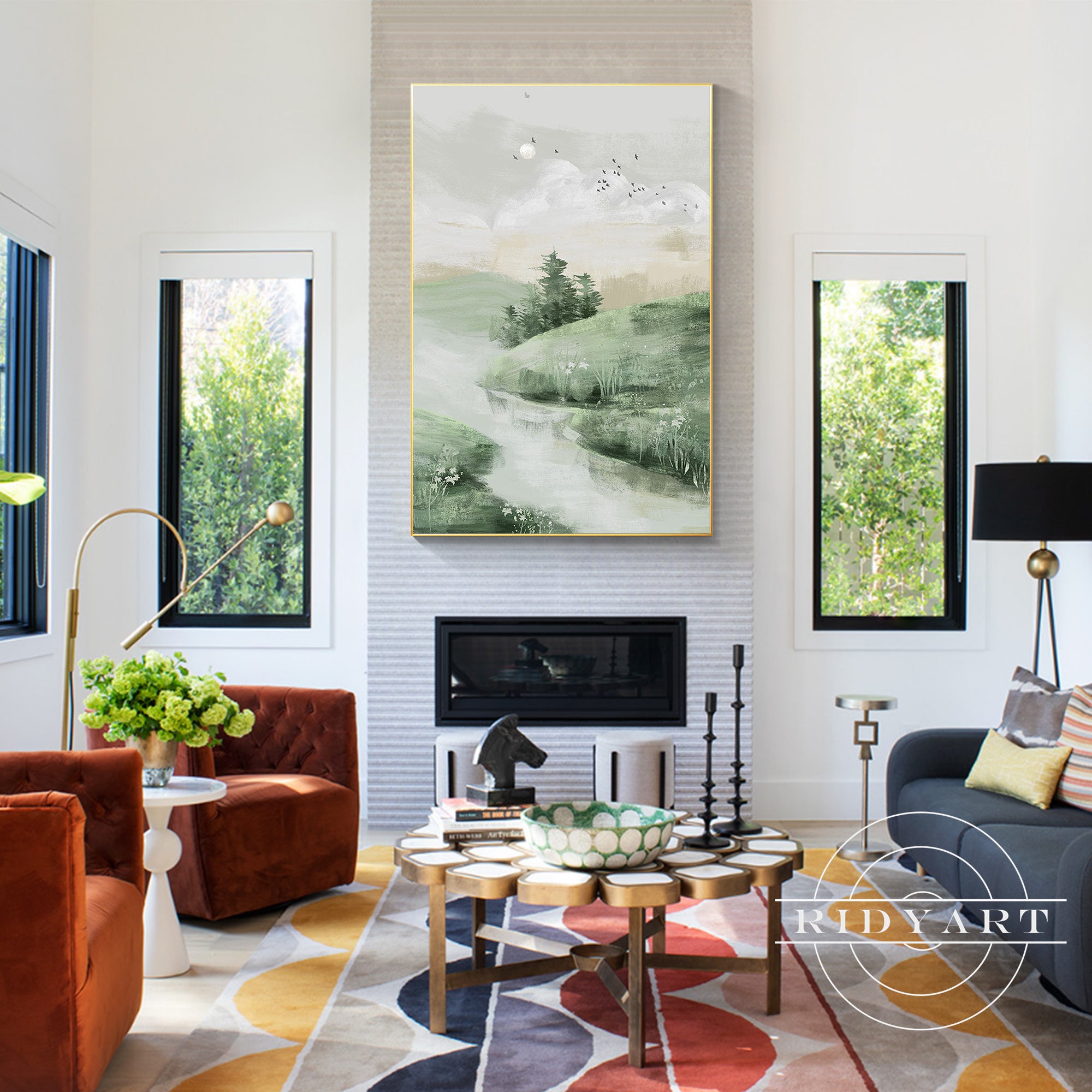 Tranquil abstract landscape painting with earthy green hues.