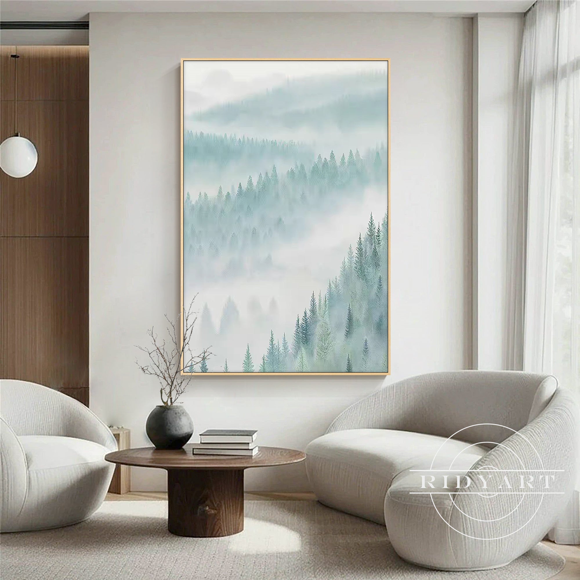Misty mountain horizontal canvas painting for living room decor